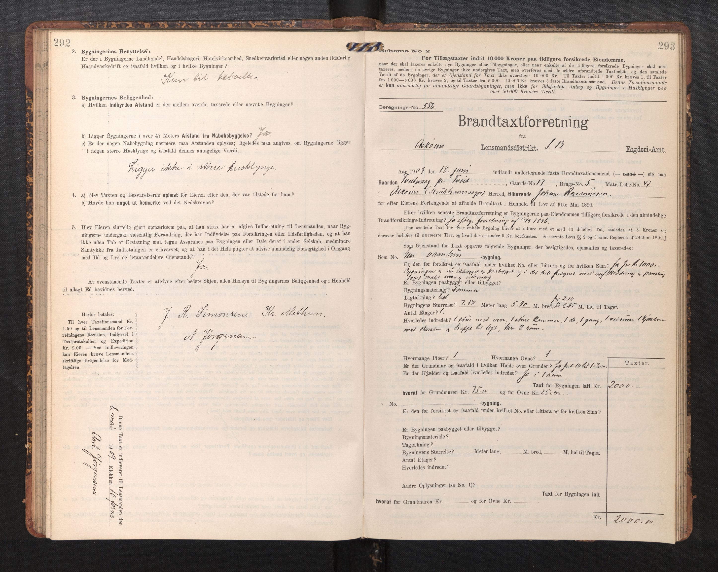 Lensmannen i Askøy, AV/SAB-A-31001/0012/L0006: Branntakstprotokoll, skjematakst, Laksevåg, 1907-1917, p. 292-293