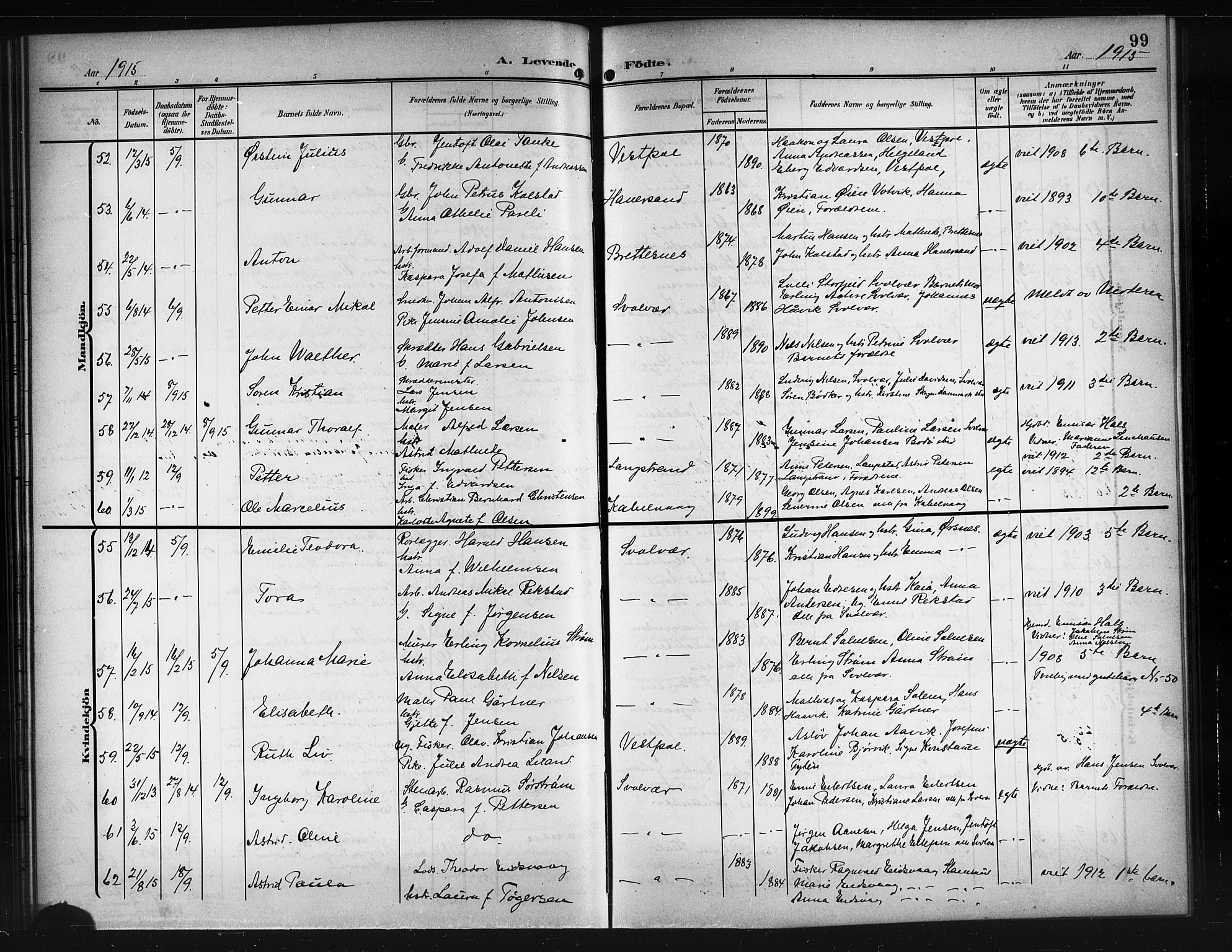 Ministerialprotokoller, klokkerbøker og fødselsregistre - Nordland, AV/SAT-A-1459/874/L1079: Parish register (copy) no. 874C08, 1907-1915, p. 99