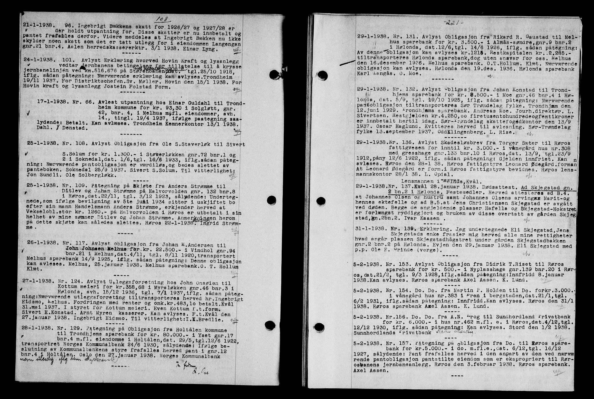 Gauldal sorenskriveri, SAT/A-0014/1/2/2C/L0048: Mortgage book no. 51-52, 1937-1938, p. 221, Diary no: : 96/1938