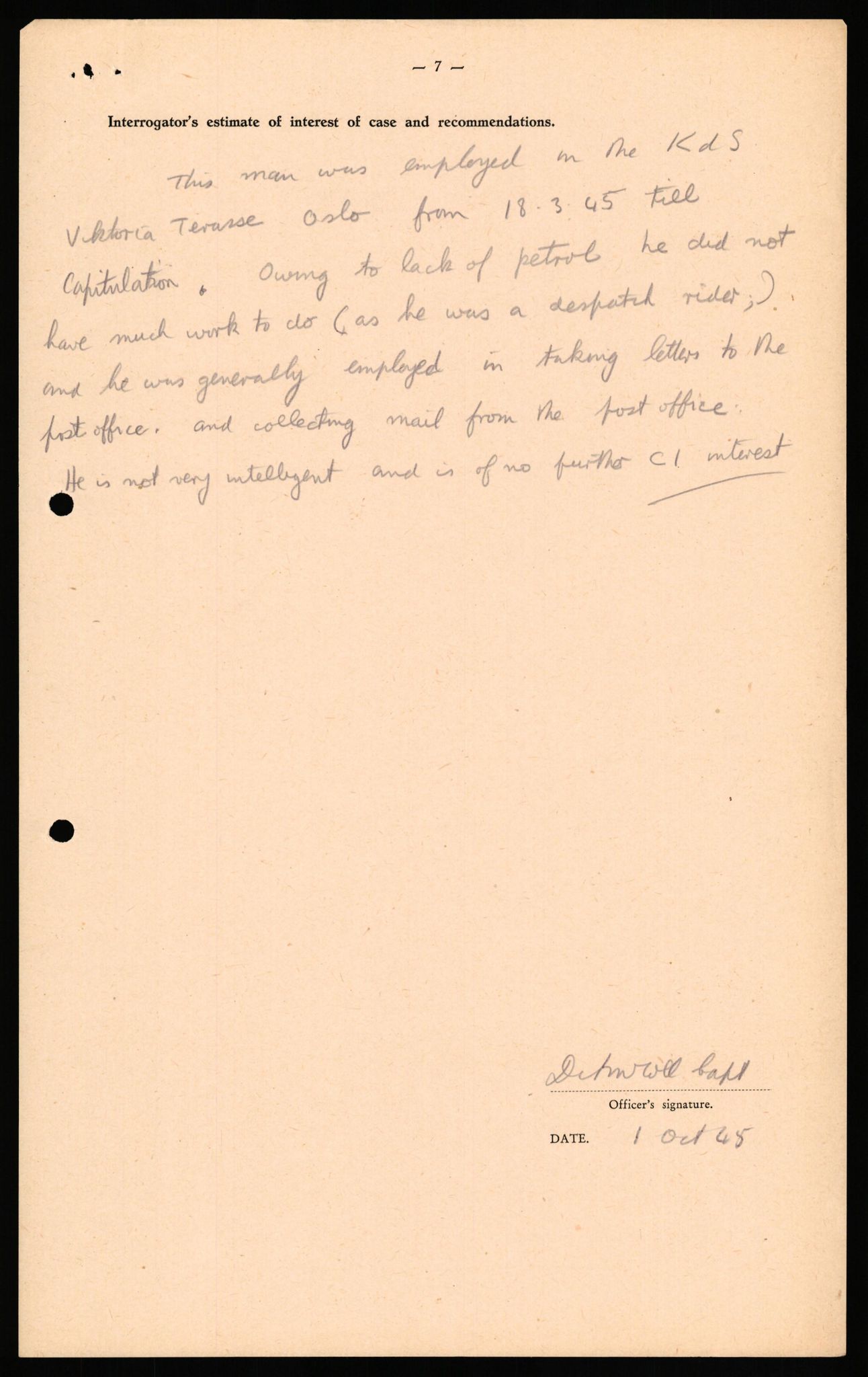 Forsvaret, Forsvarets overkommando II, RA/RAFA-3915/D/Db/L0032: CI Questionaires. Tyske okkupasjonsstyrker i Norge. Tyskere., 1945-1946, p. 316