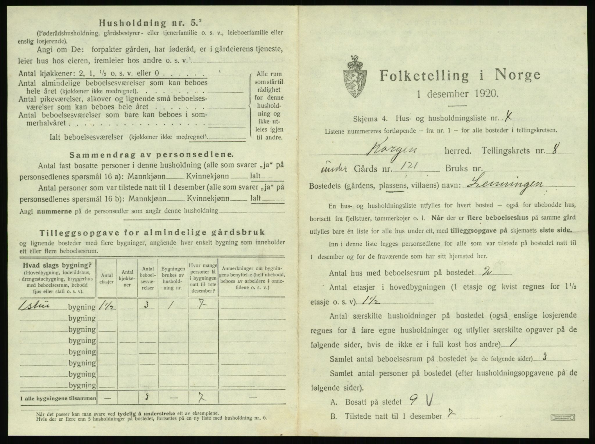 SAT, 1920 census for Korgen, 1920, p. 464