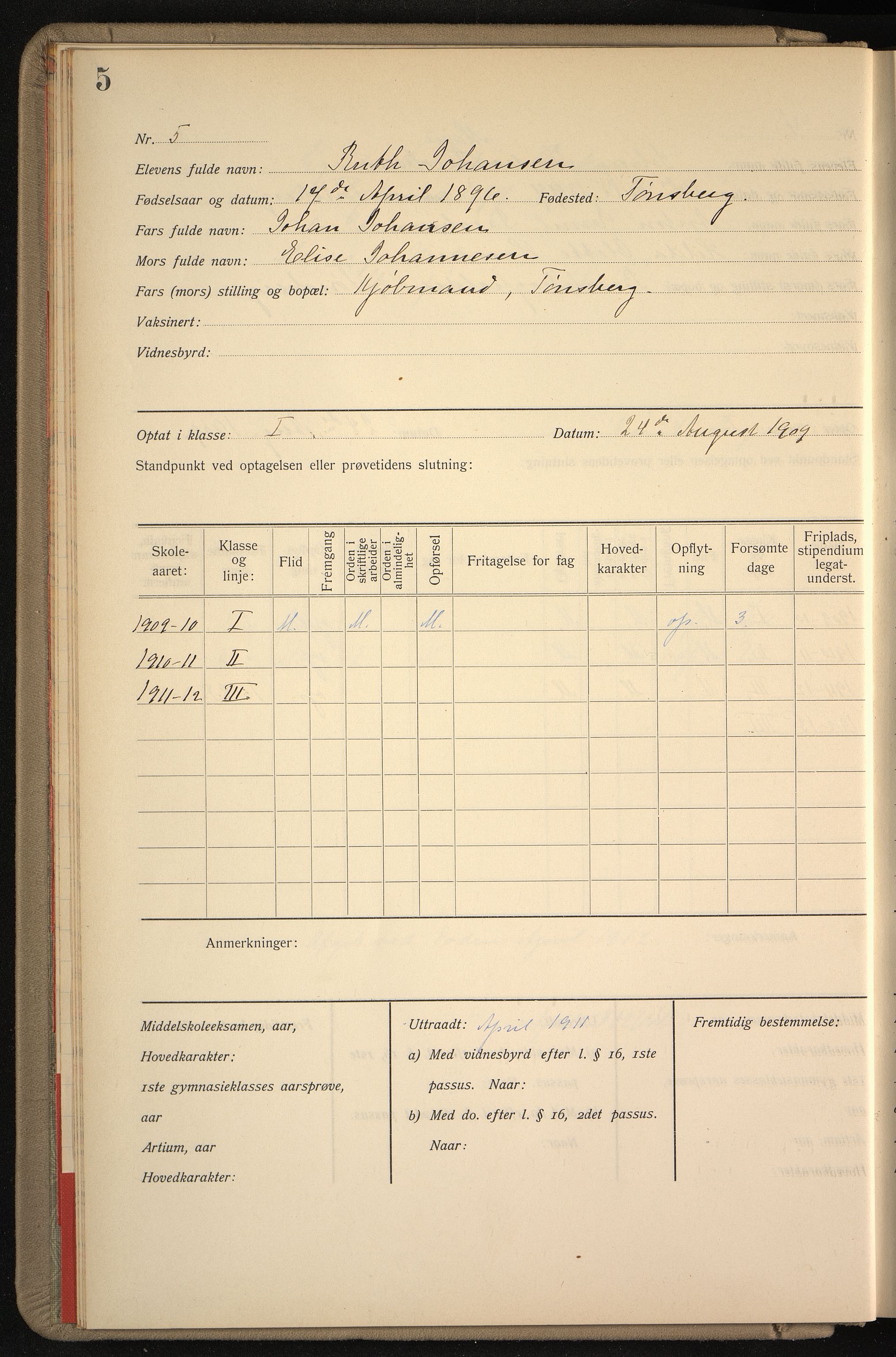 Vestfold fylkeskommune. Greveskogen videregående skole før 1998, VEMU/A-1162/G/Gb/L0003: Manntallsprotokoll Pikeskolen, 1909-1911, p. 6