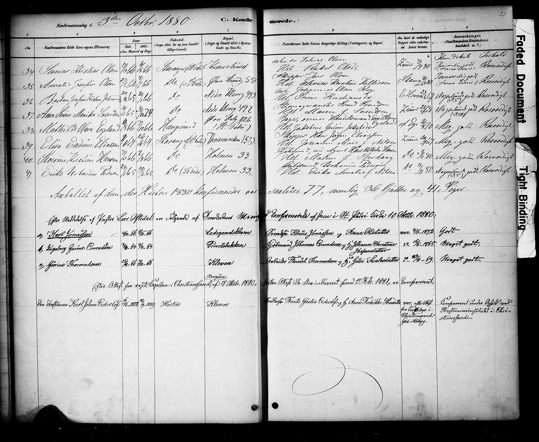 Domkirken sokneprestkontor, SAST/A-101812/001/30/30BA/L0028: Parish register (official) no. A 27, 1878-1896, p. 21