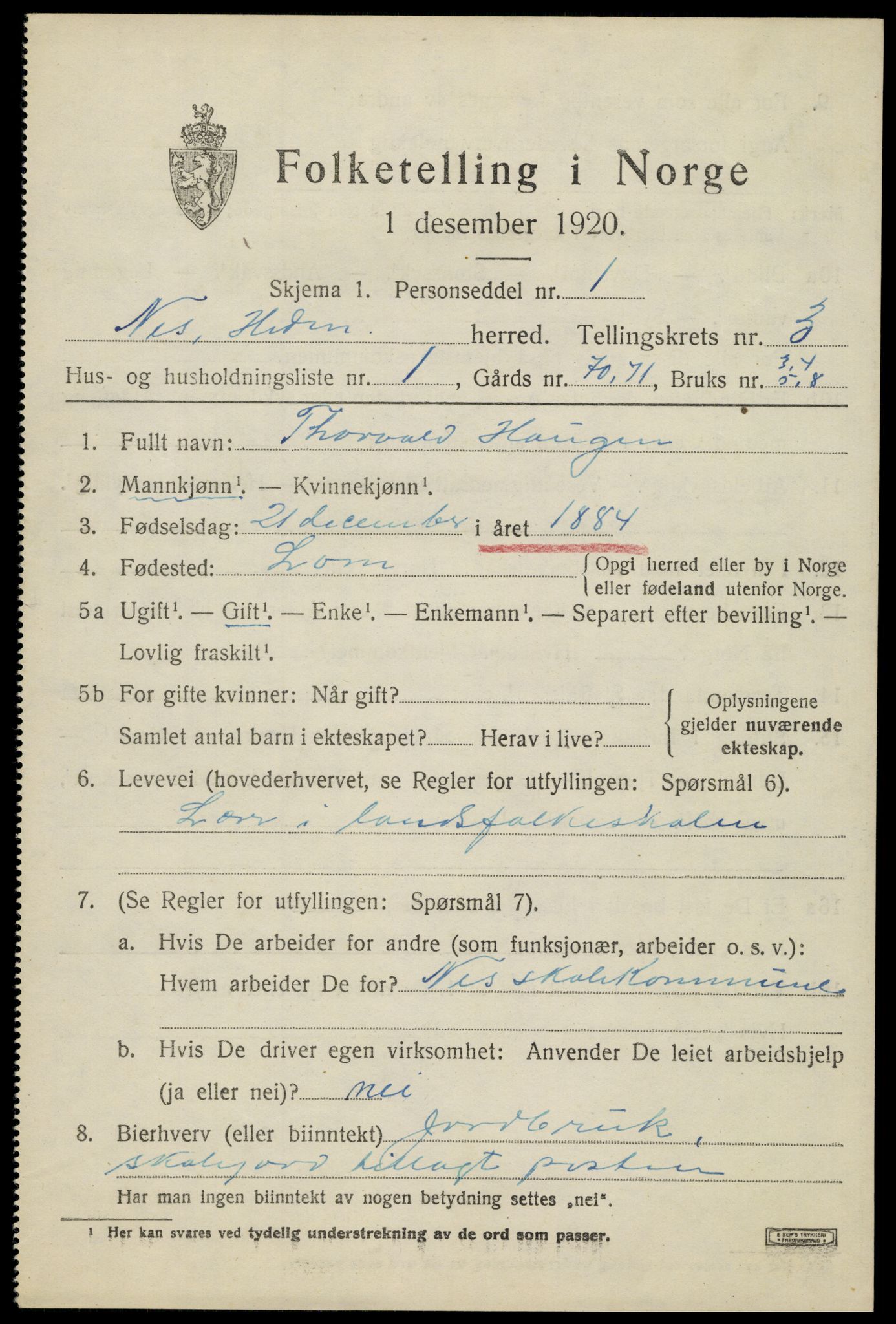 SAH, 1920 census for Nes (Hedmark), 1920, p. 4548