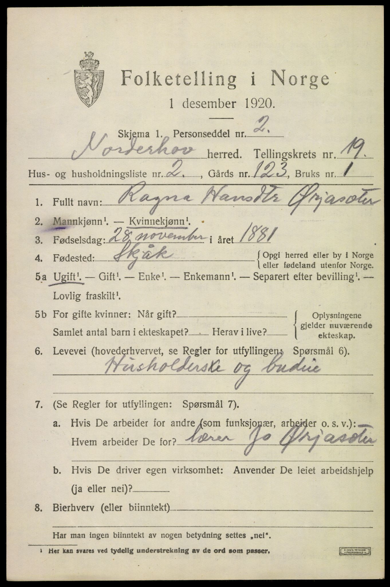 SAKO, 1920 census for Norderhov, 1920, p. 20318