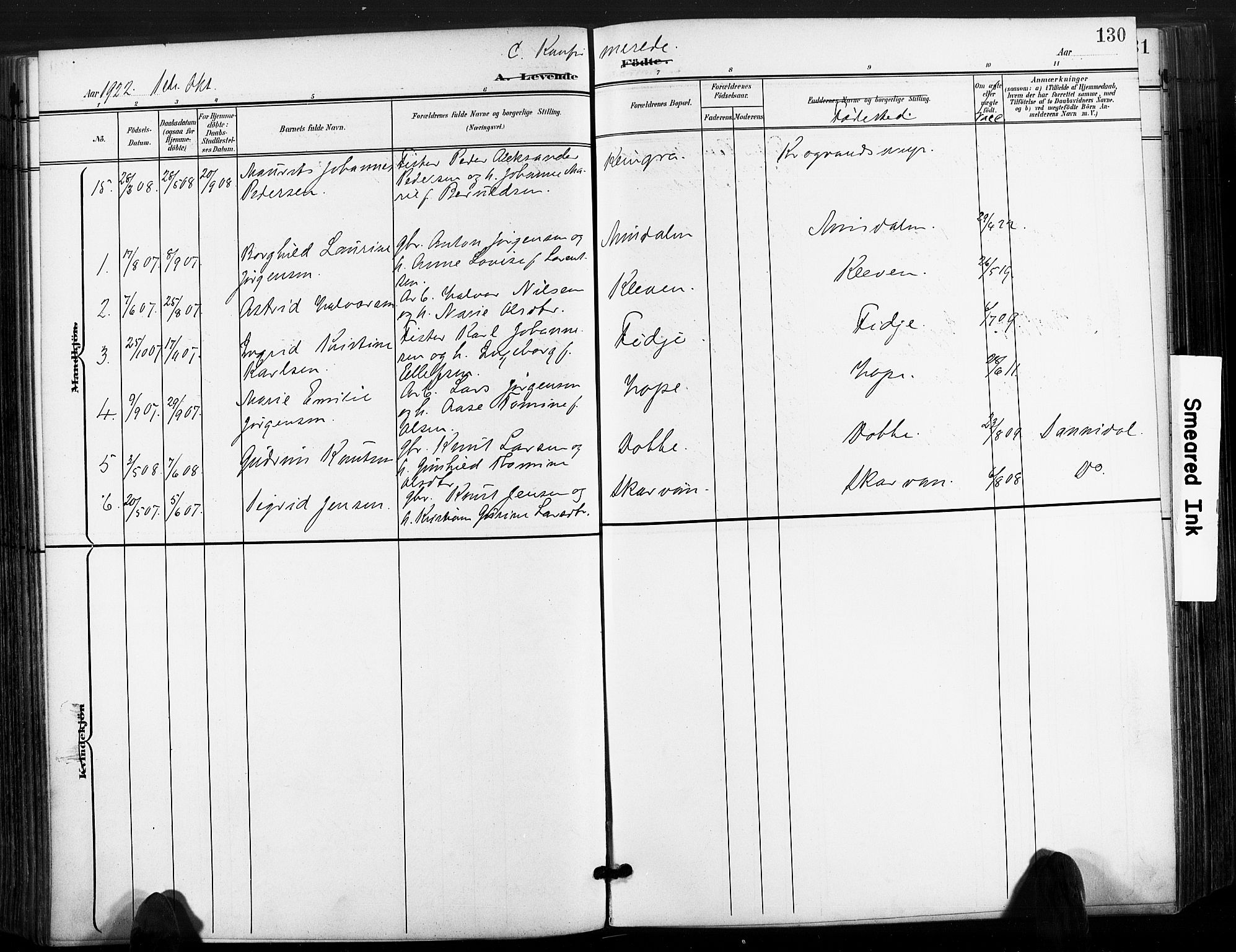 Søndeled sokneprestkontor, AV/SAK-1111-0038/F/Fa/L0006: Parish register (official) no. A 6, 1900-1922, p. 130