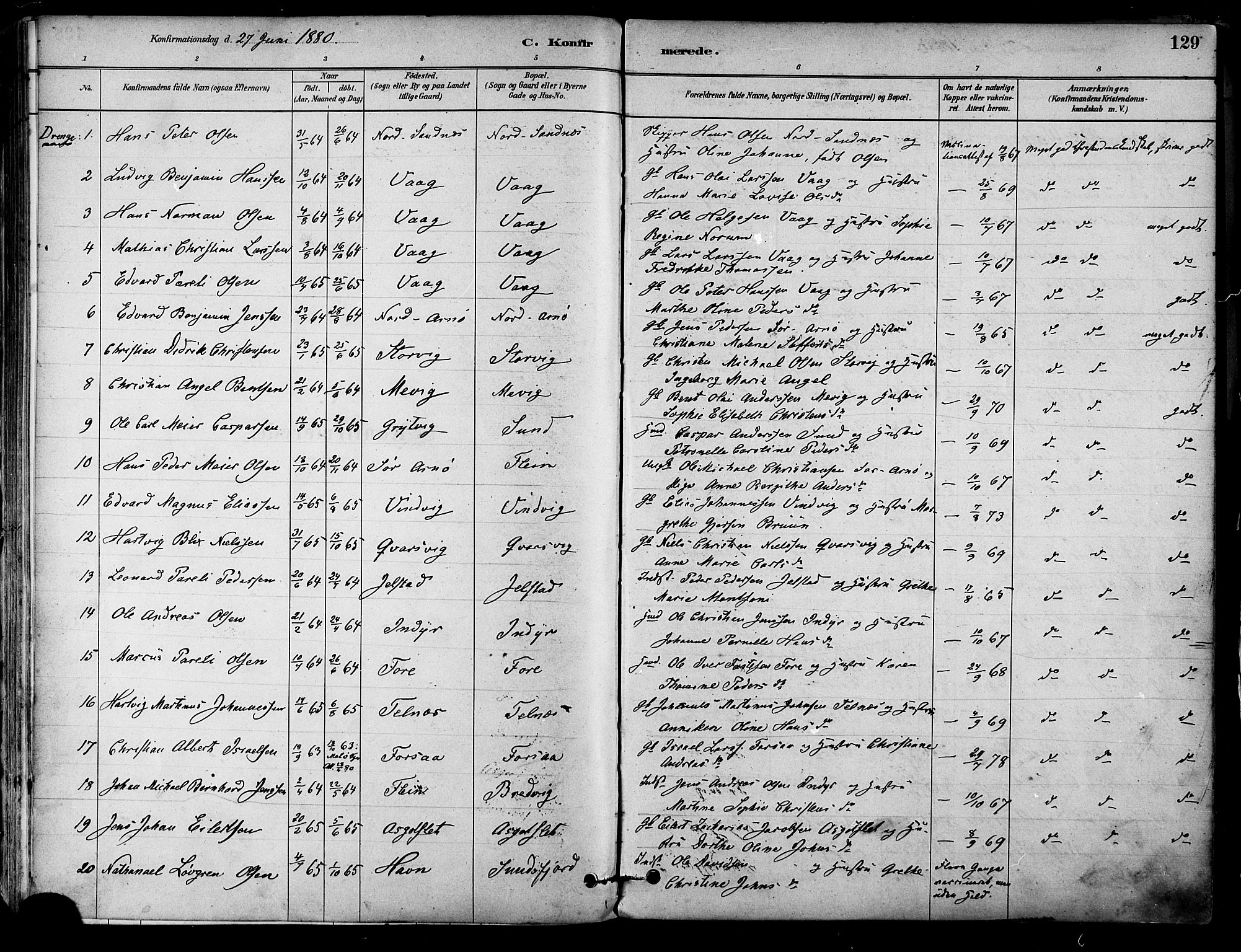 Ministerialprotokoller, klokkerbøker og fødselsregistre - Nordland, AV/SAT-A-1459/805/L0099: Parish register (official) no. 805A06, 1880-1891, p. 129