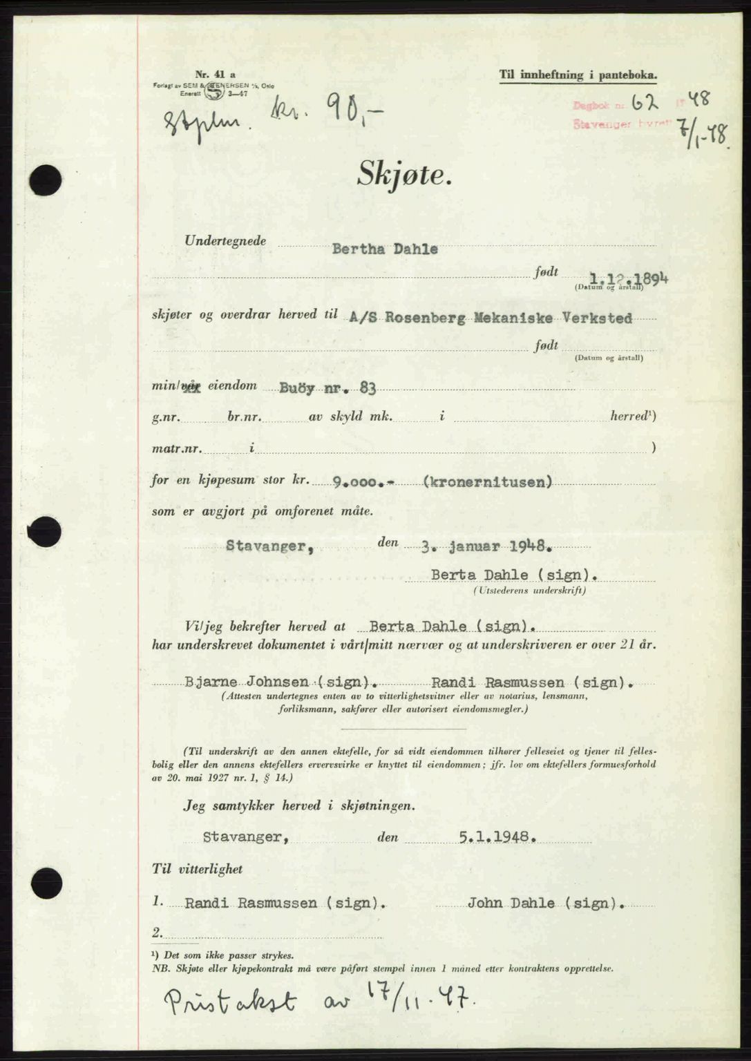 Stavanger byrett, SAST/A-100455/002/G/Gb/L0022: Mortgage book no. A11, 1947-1948, Diary no: : 62/1948