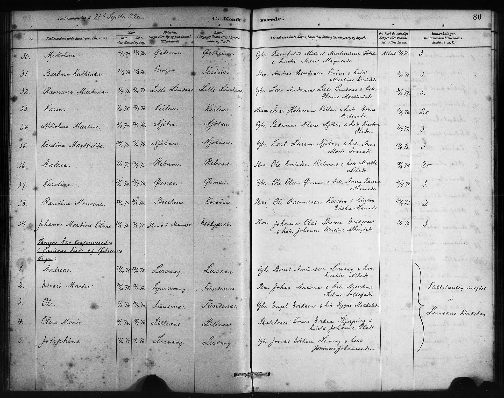 Lindås Sokneprestembete, AV/SAB-A-76701/H/Haa/Haac/L0001: Parish register (official) no. C 1, 1886-1896, p. 80