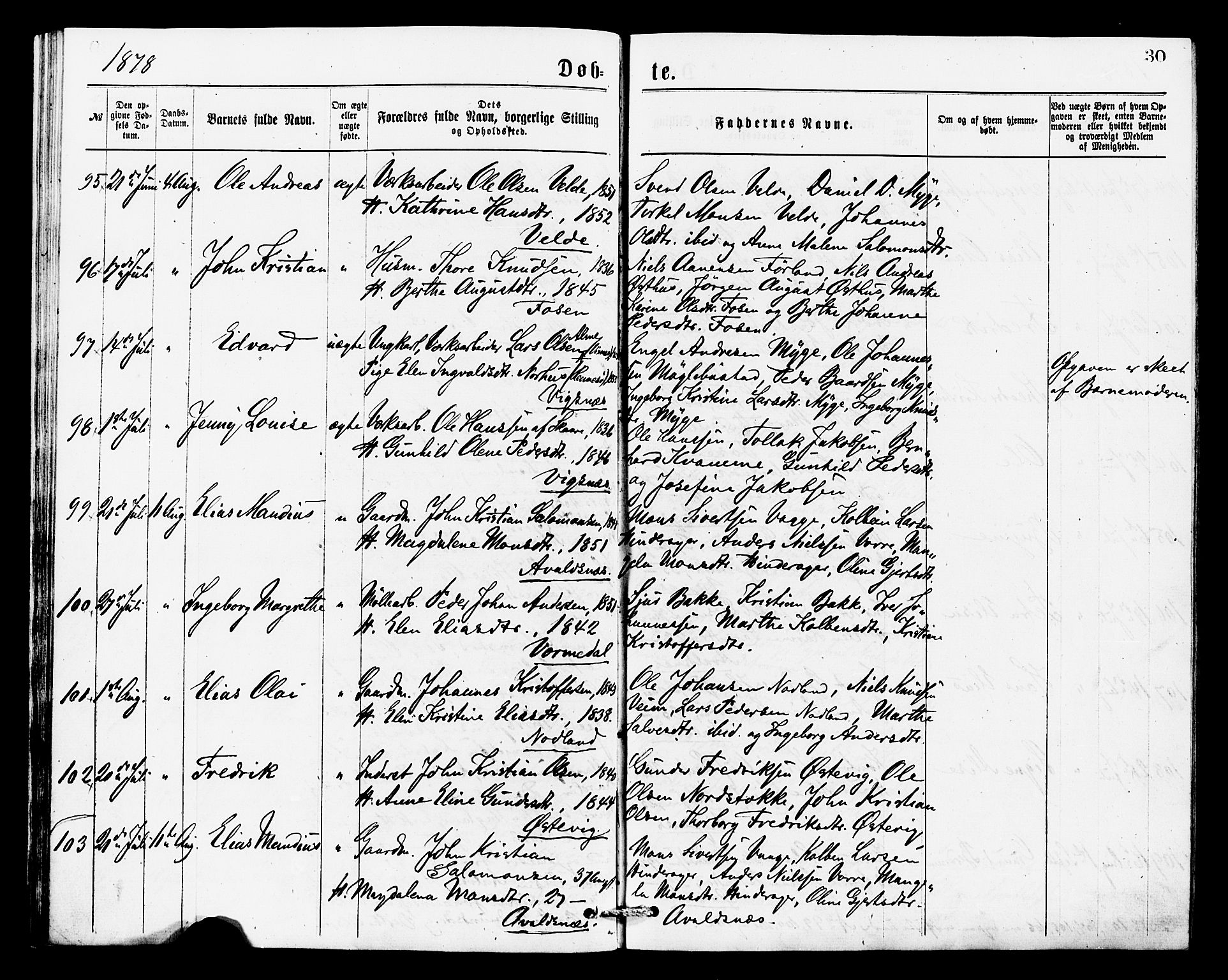 Avaldsnes sokneprestkontor, SAST/A -101851/H/Ha/Haa/L0013: Parish register (official) no. A 13, 1876-1879, p. 30