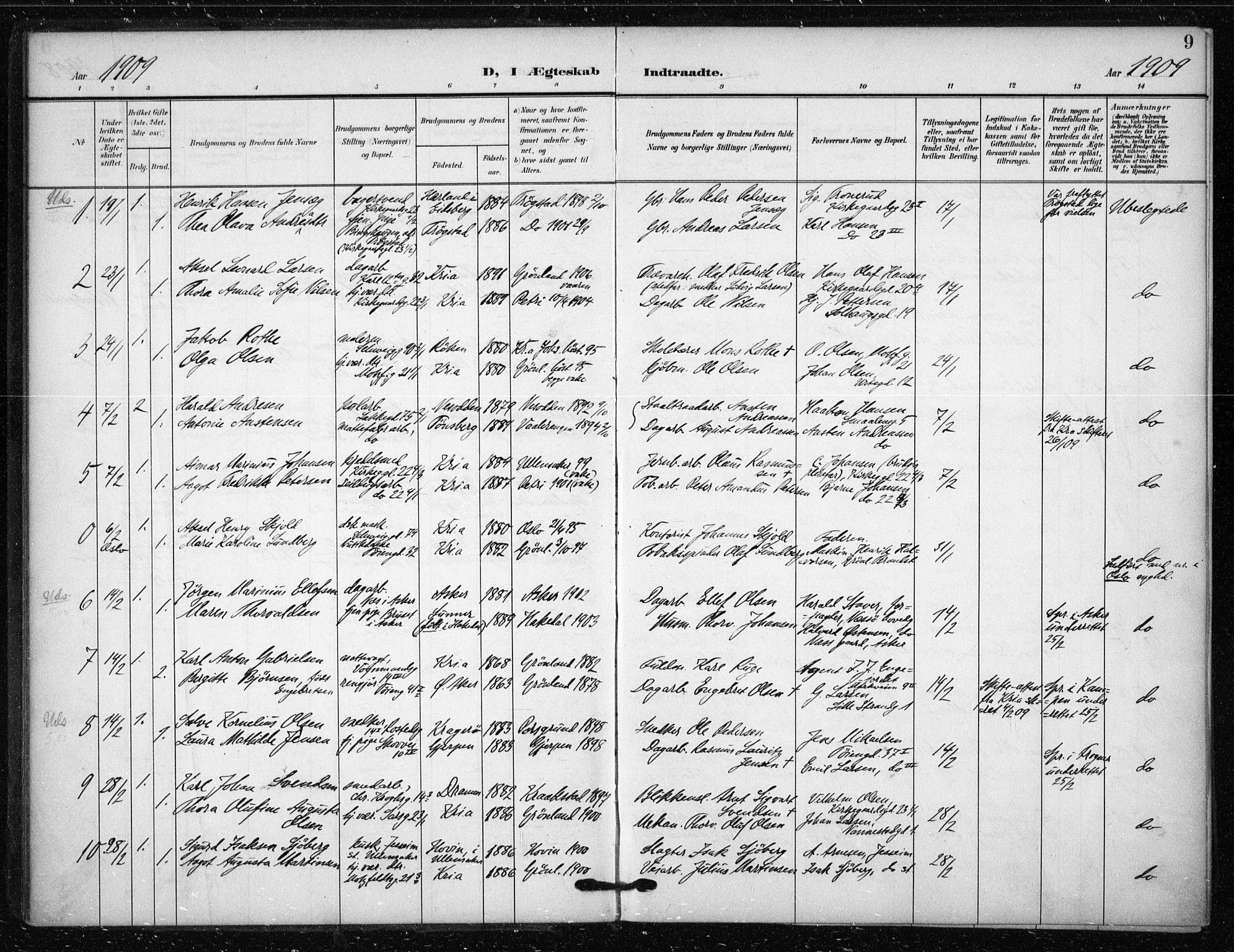 Tøyen prestekontor Kirkebøker, AV/SAO-A-10167a/F/Fa/L0002: Parish register (official) no. I 2, 1907-1916, p. 9