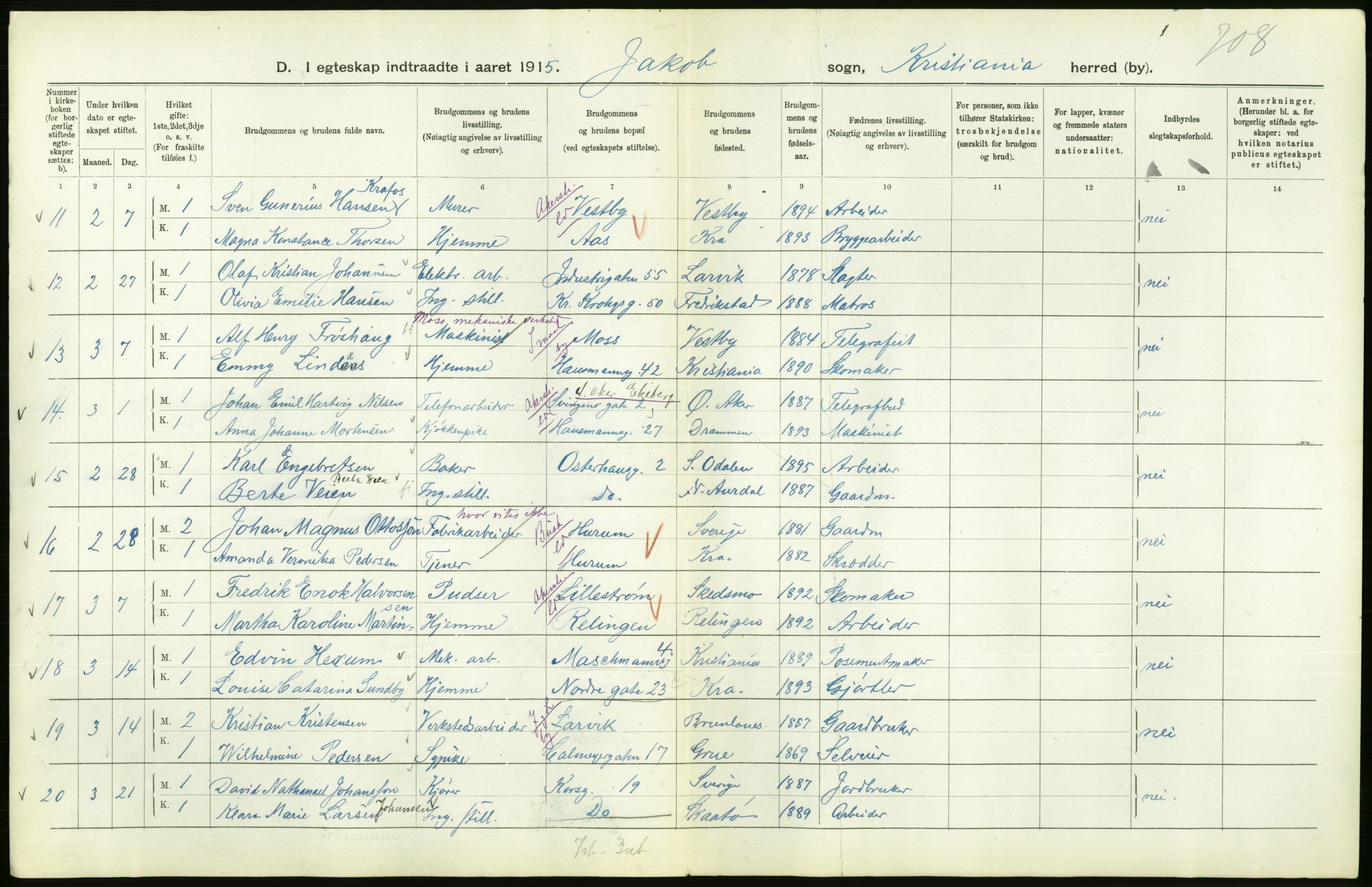 Statistisk sentralbyrå, Sosiodemografiske emner, Befolkning, RA/S-2228/D/Df/Dfb/Dfbe/L0008: Kristiania: Gifte., 1915, p. 596