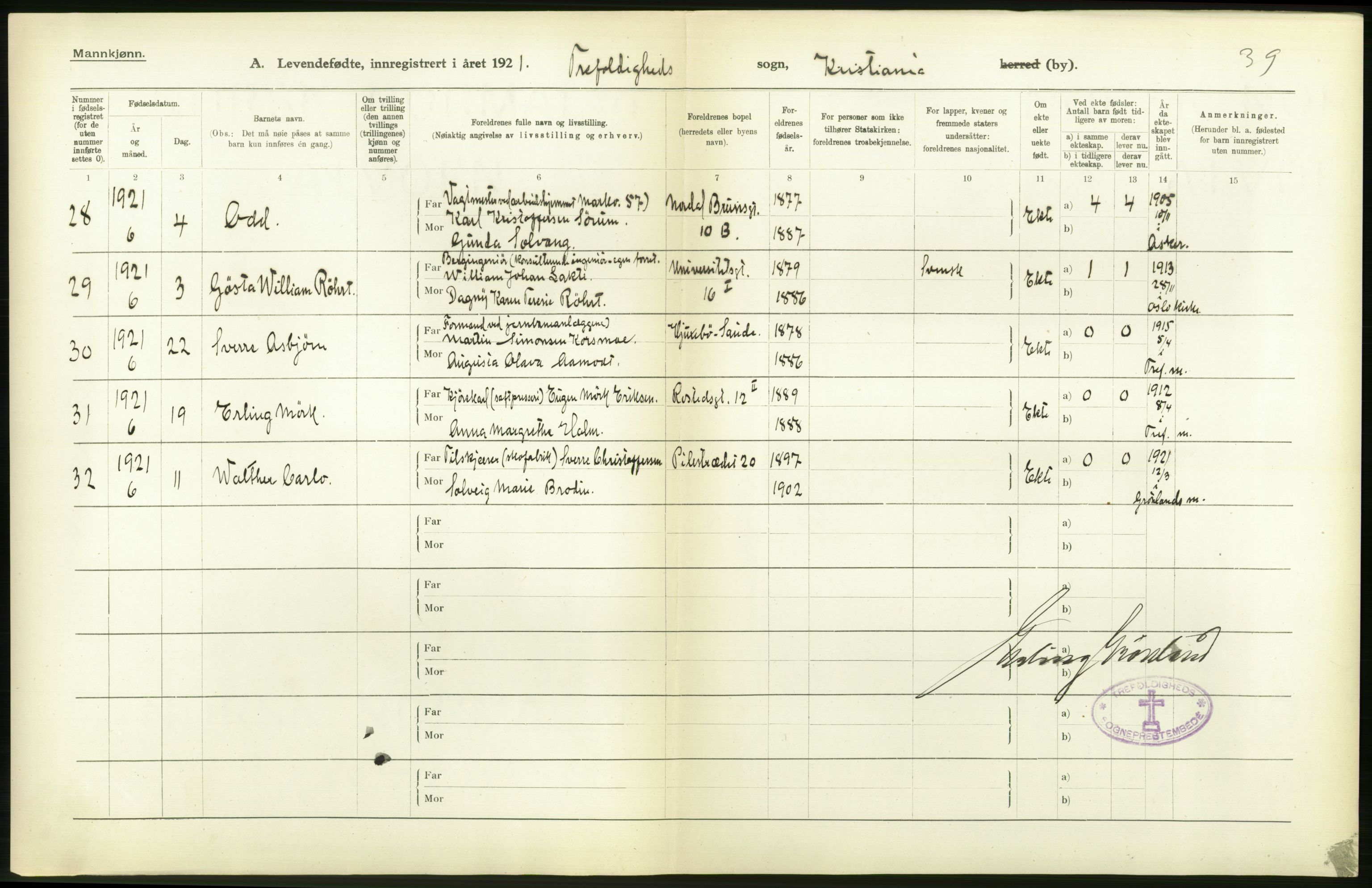 Statistisk sentralbyrå, Sosiodemografiske emner, Befolkning, AV/RA-S-2228/D/Df/Dfc/Dfca/L0009: Kristiania: Levendefødte menn og kvinner., 1921, p. 438