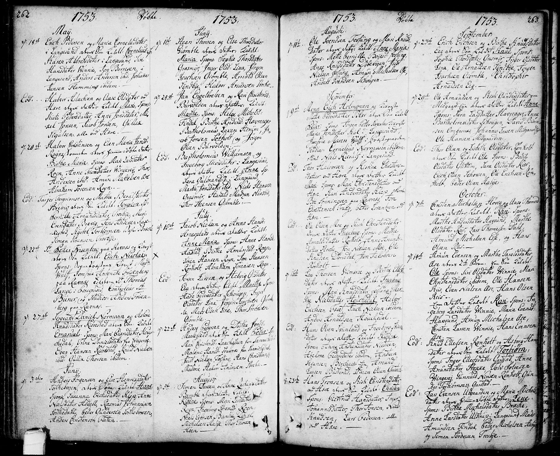 Bamble kirkebøker, SAKO/A-253/F/Fa/L0001: Parish register (official) no. I 1, 1702-1774, p. 262-263