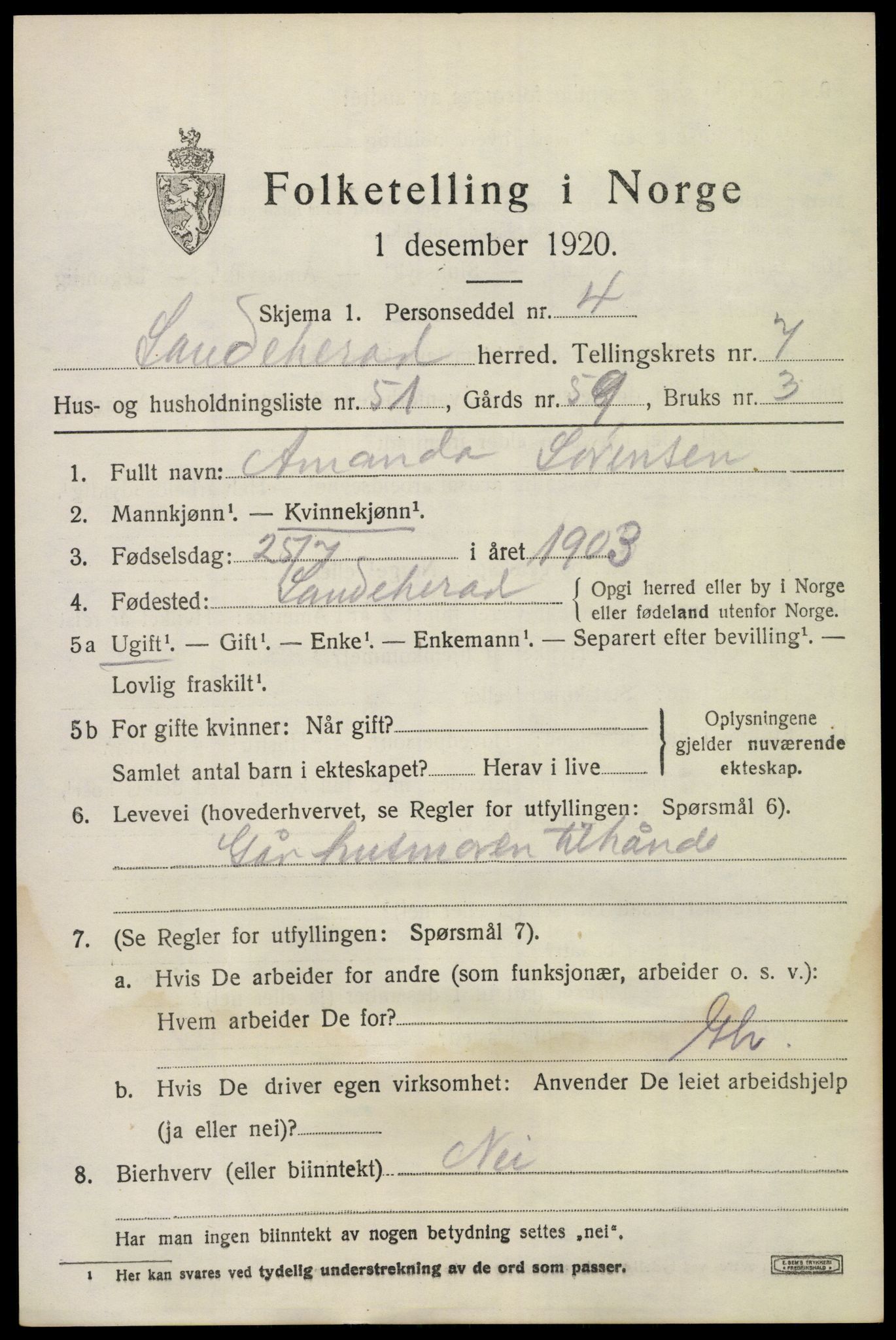 SAKO, 1920 census for Sandeherred, 1920, p. 12540