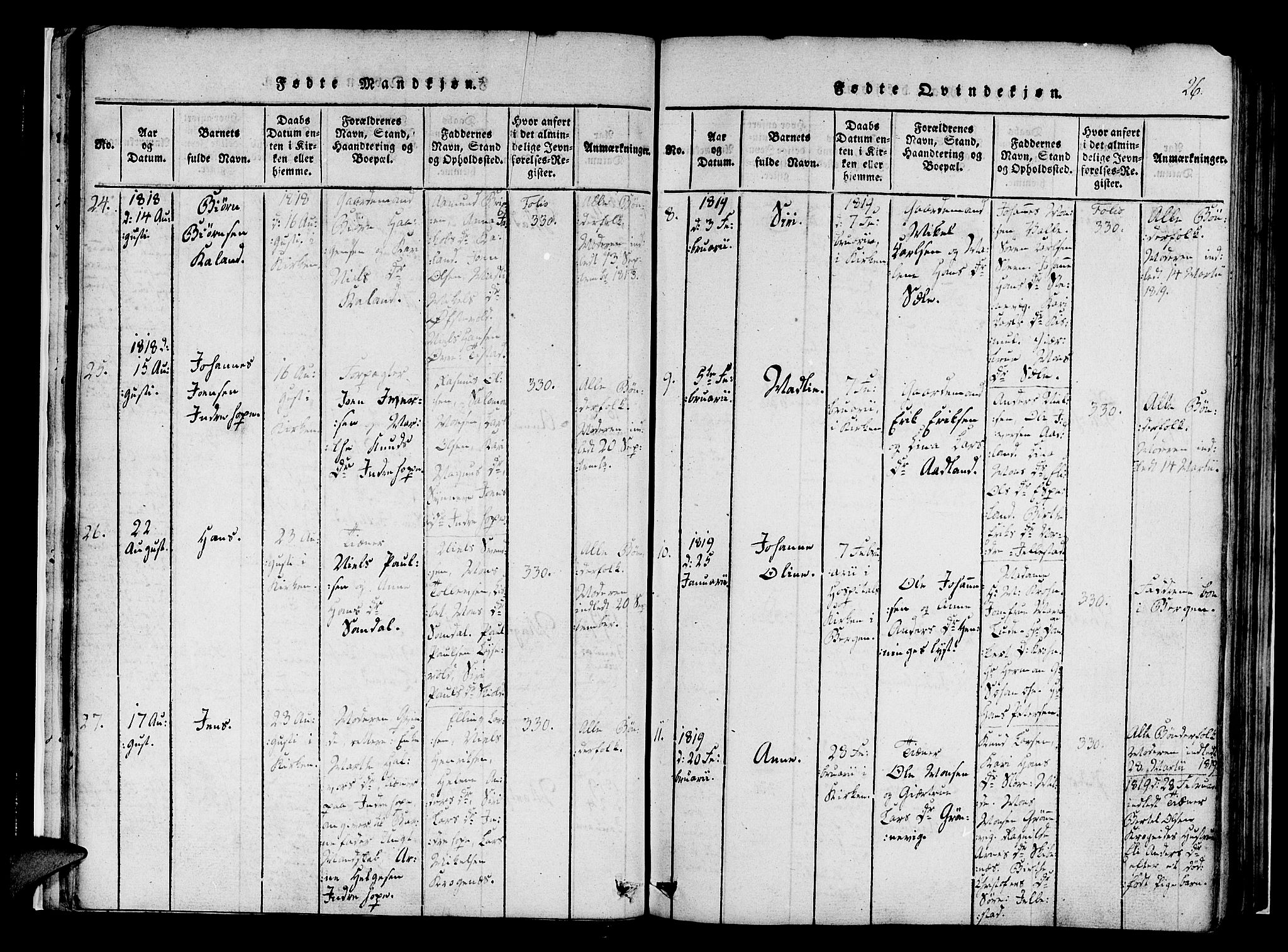 Fana Sokneprestembete, SAB/A-75101/H/Haa/Haaa/L0007: Parish register (official) no. A 7, 1816-1828, p. 26