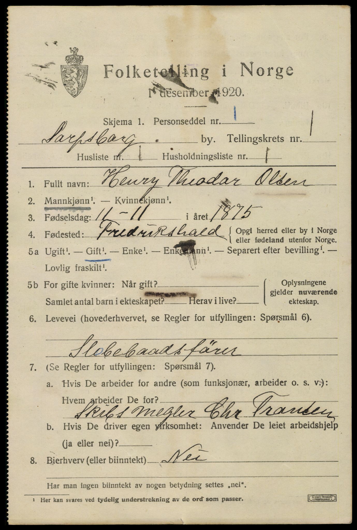 SAO, 1920 census for Sarpsborg, 1920, p. 7296