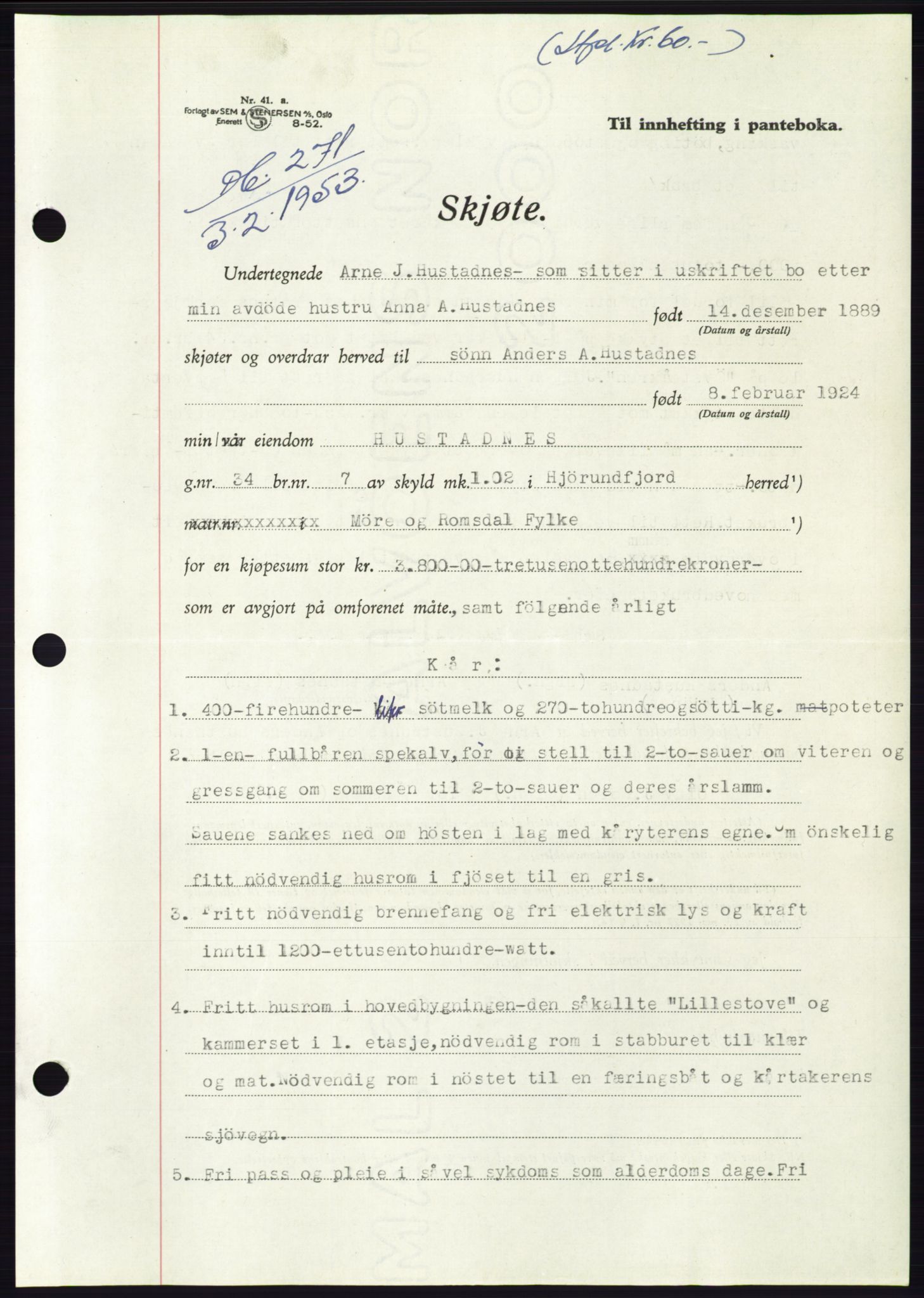 Søre Sunnmøre sorenskriveri, AV/SAT-A-4122/1/2/2C/L0094: Mortgage book no. 20A, 1953-1953, Diary no: : 271/1953