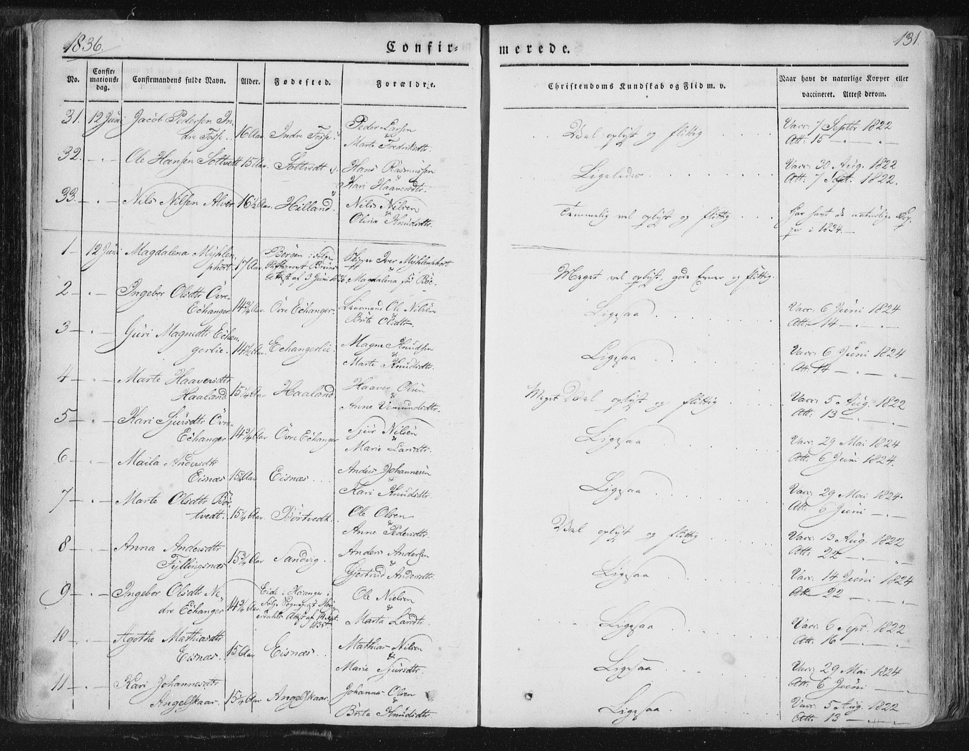 Hamre sokneprestembete, AV/SAB-A-75501/H/Ha/Haa/Haaa/L0012: Parish register (official) no. A 12, 1834-1845, p. 131