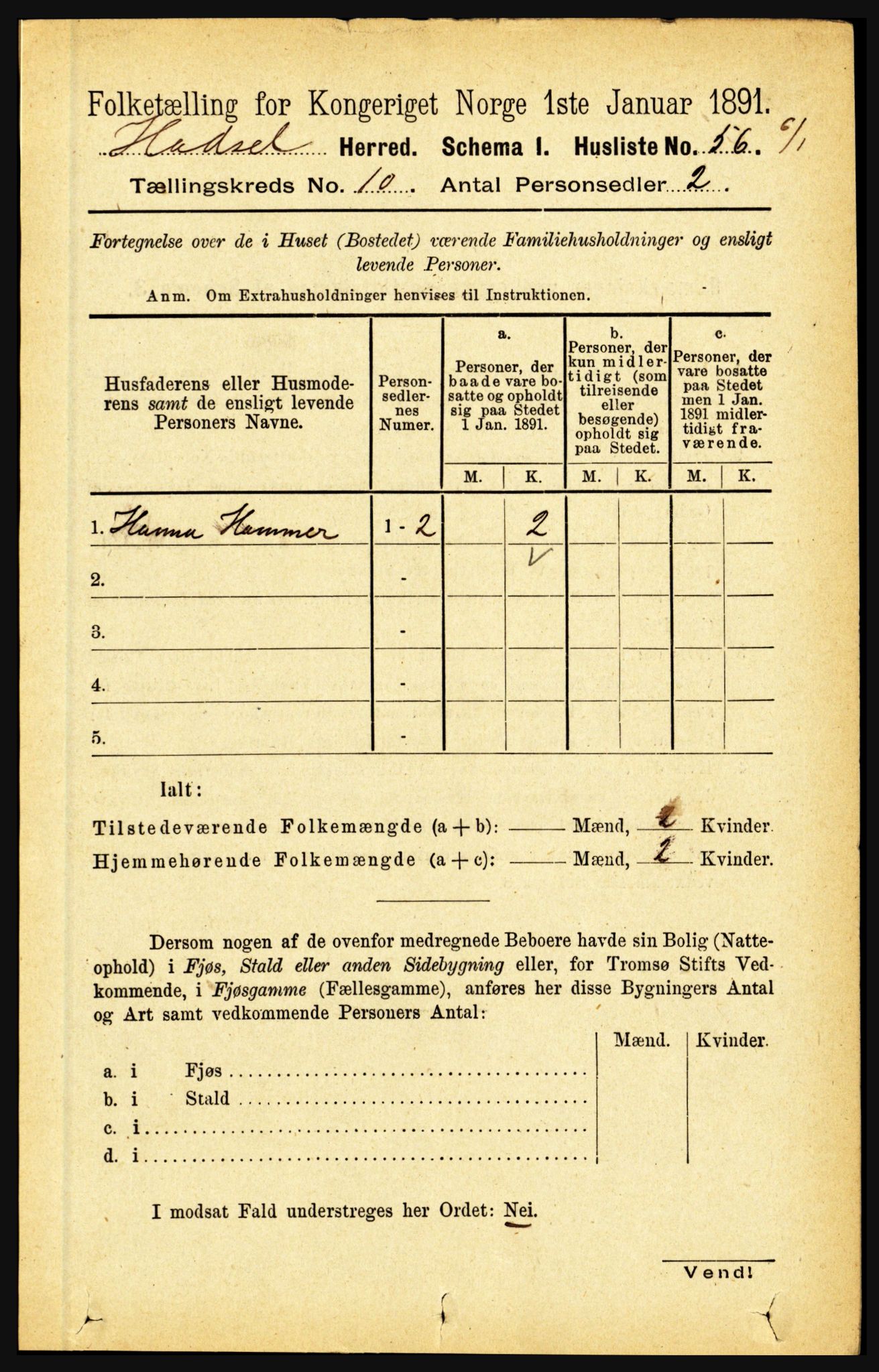 RA, 1891 census for 1866 Hadsel, 1891, p. 4188