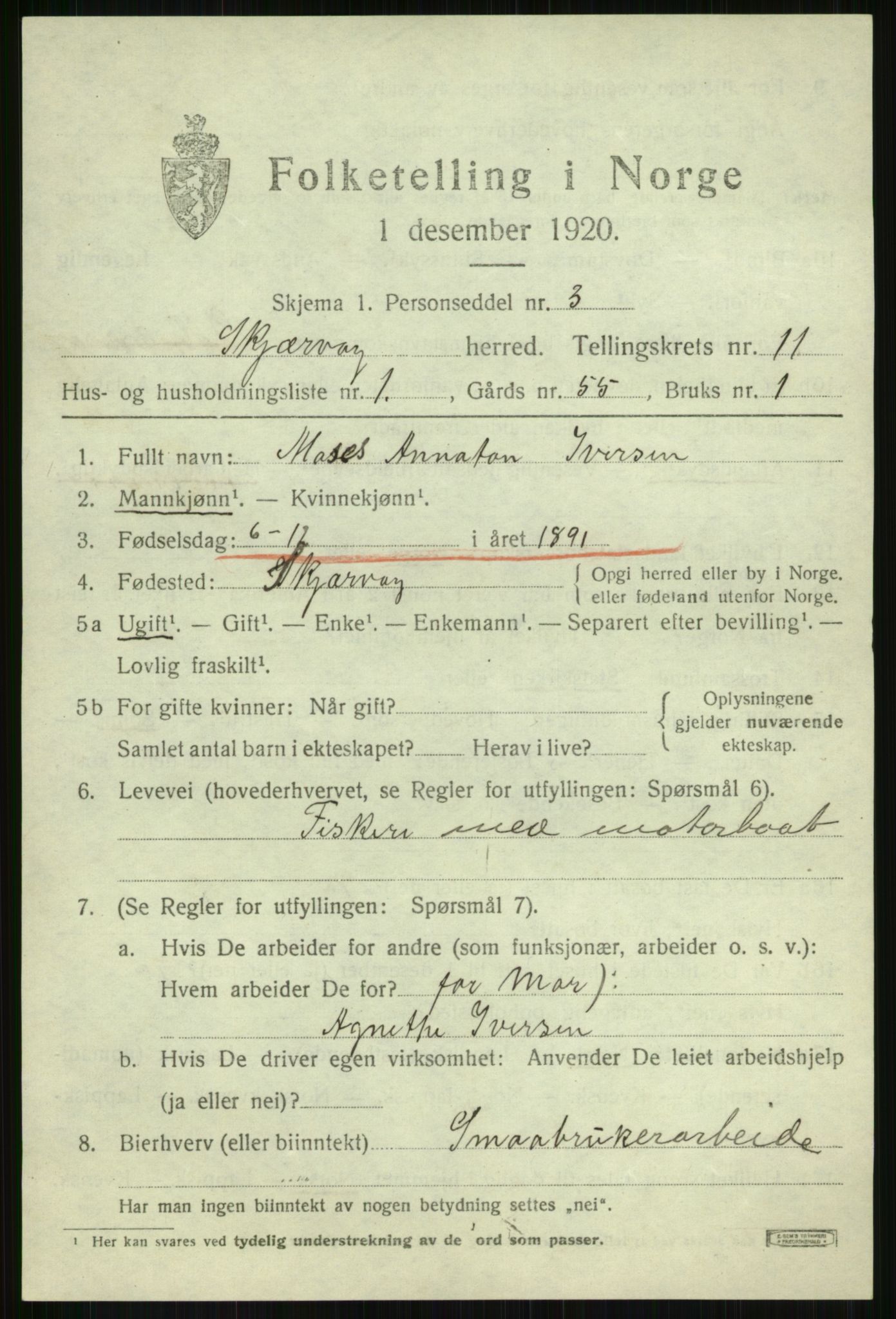 SATØ, 1920 census for Skjervøy, 1920, p. 5605