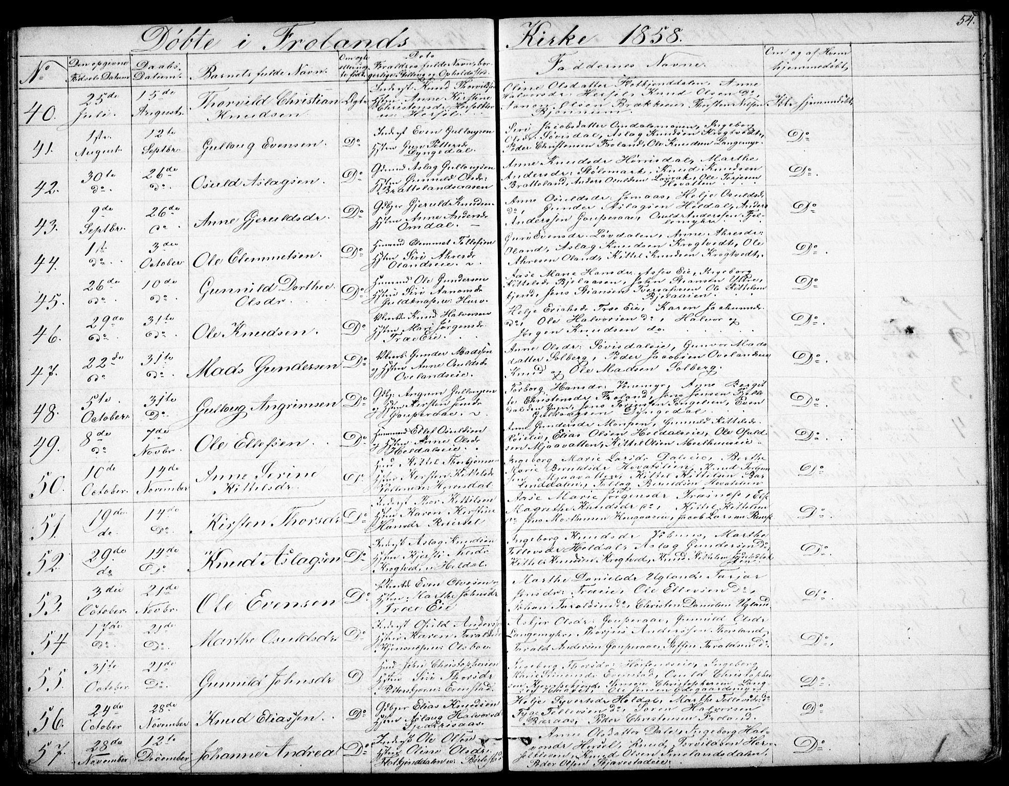 Froland sokneprestkontor, SAK/1111-0013/F/Fb/L0008: Parish register (copy) no. B 8, 1843-1875, p. 54
