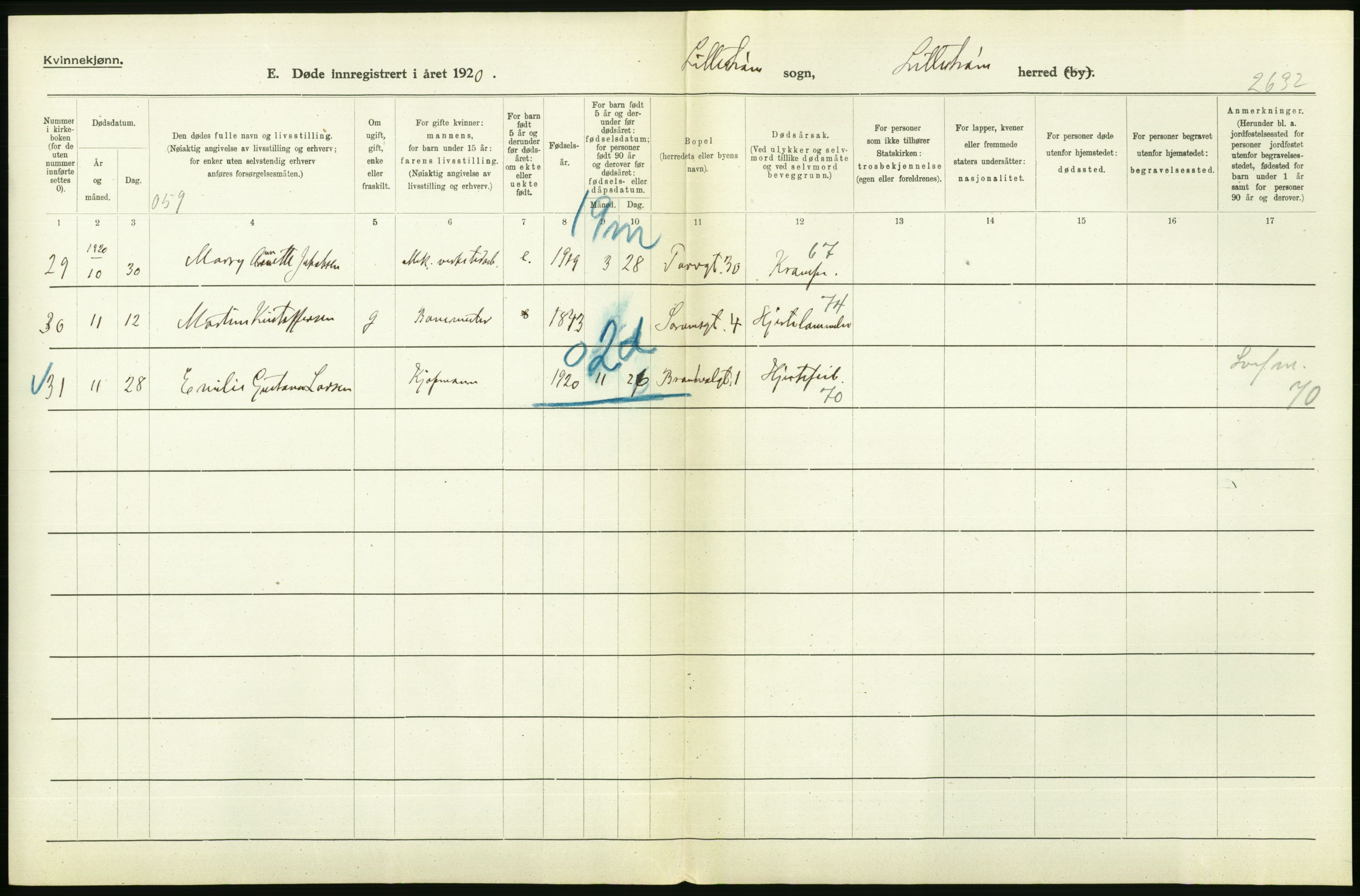 Statistisk sentralbyrå, Sosiodemografiske emner, Befolkning, AV/RA-S-2228/D/Df/Dfb/Dfbj/L0007: Akershus fylke: Døde. Bygder og byer., 1920, p. 416