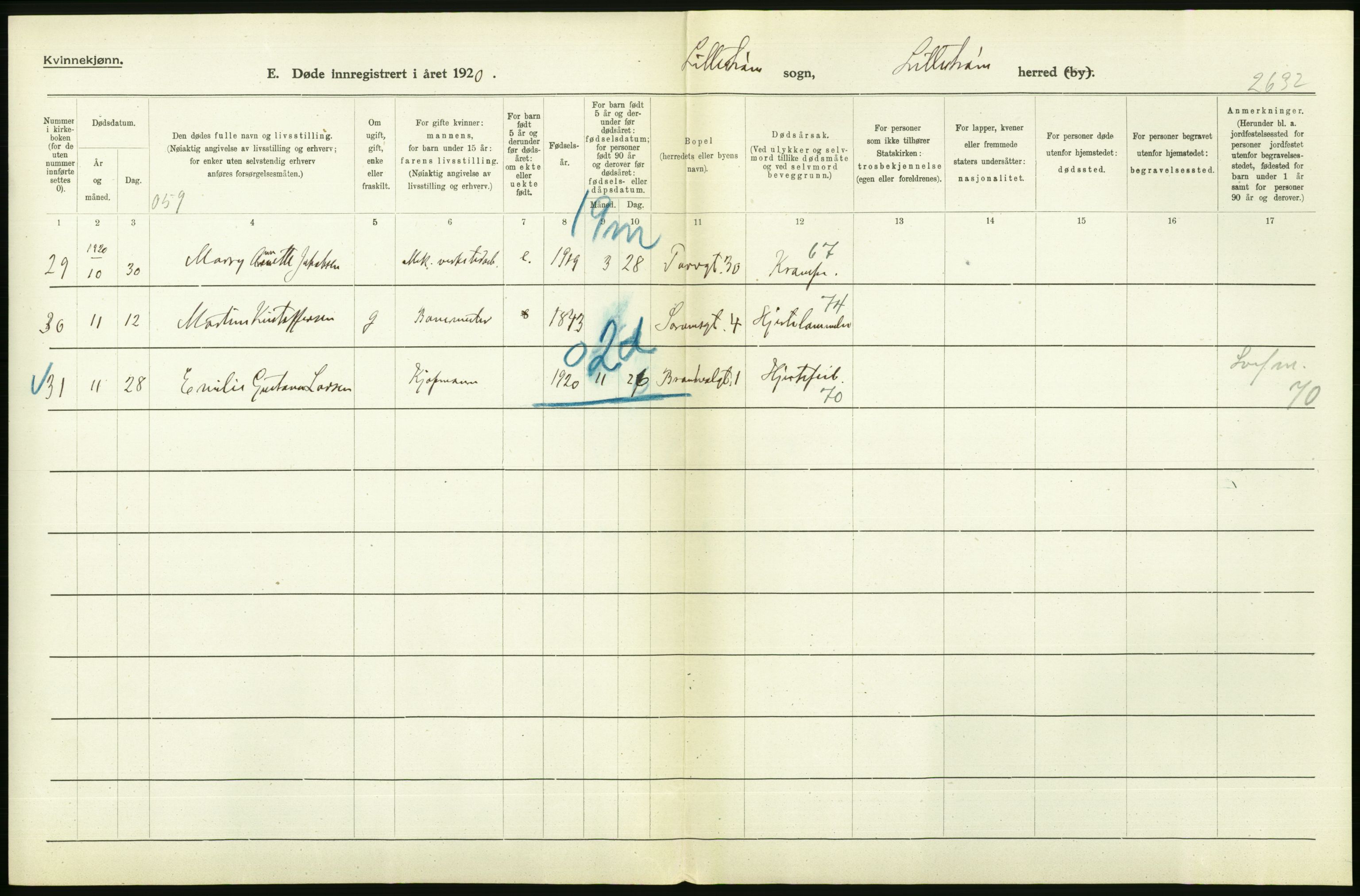 Statistisk sentralbyrå, Sosiodemografiske emner, Befolkning, RA/S-2228/D/Df/Dfb/Dfbj/L0007: Akershus fylke: Døde. Bygder og byer., 1920, p. 416