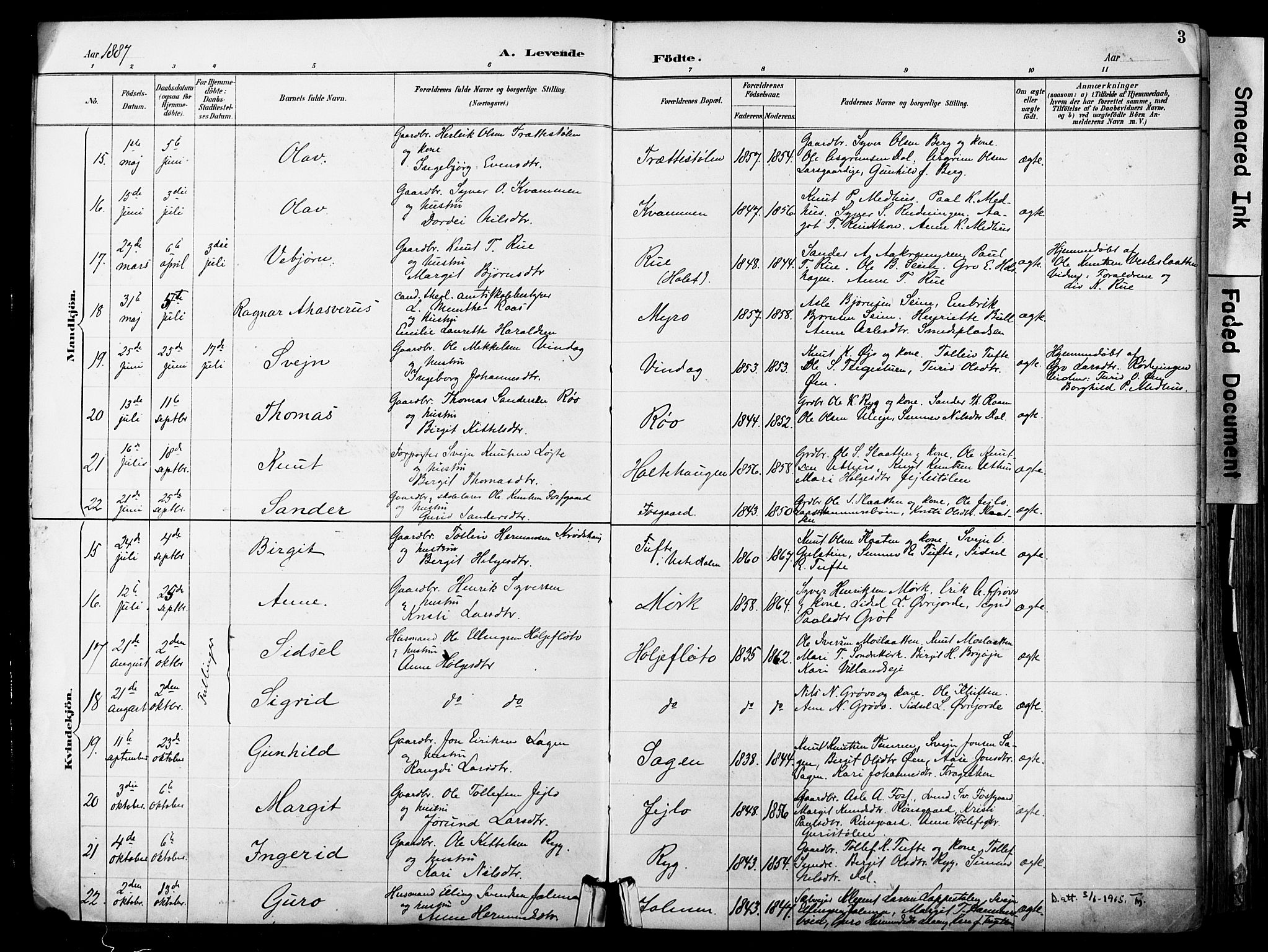 Hol kirkebøker, AV/SAKO-A-227/F/Fa/L0003: Parish register (official) no. I 3, 1887-1918, p. 3