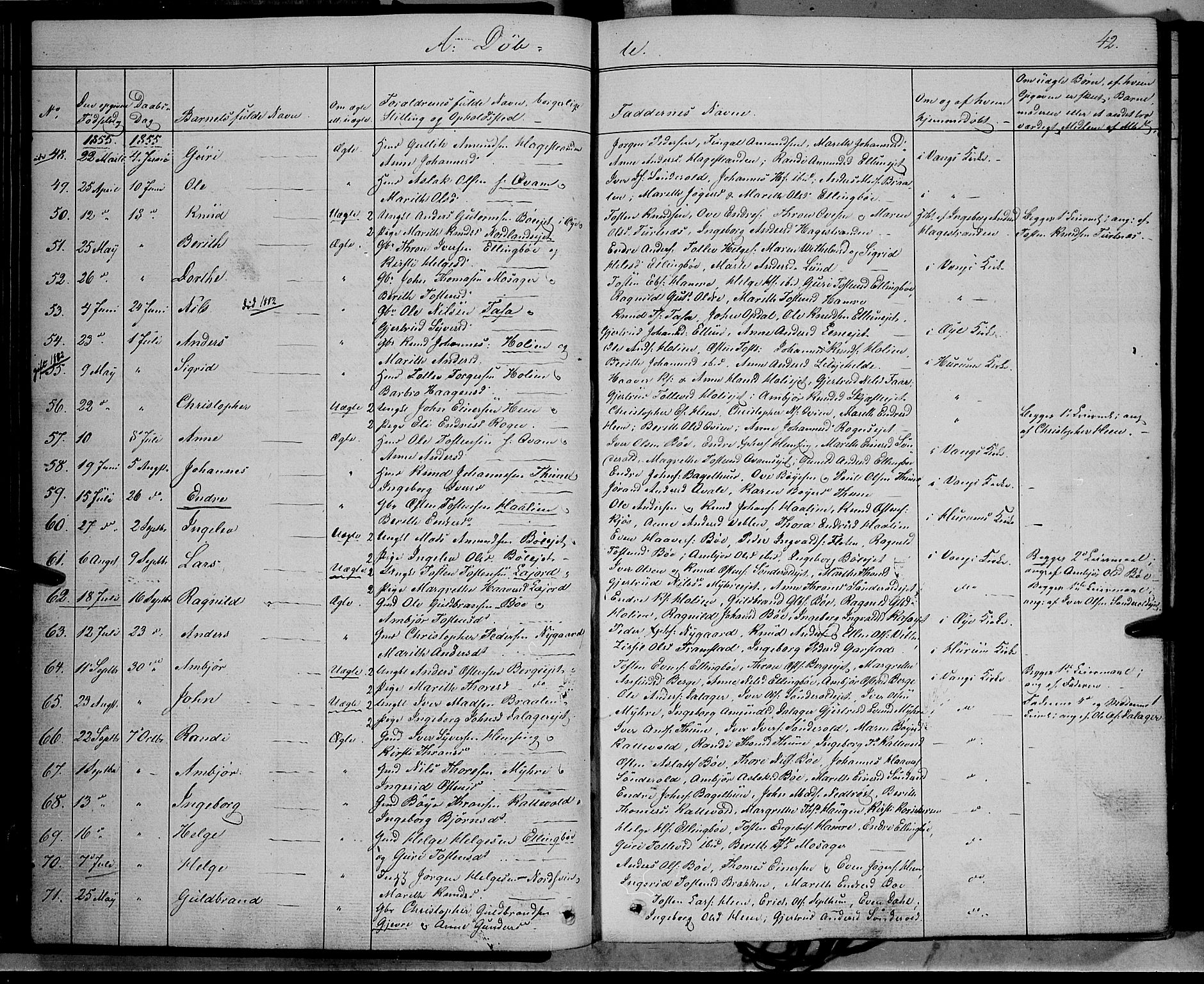 Vang prestekontor, Valdres, AV/SAH-PREST-140/H/Ha/L0006: Parish register (official) no. 6, 1846-1864, p. 42