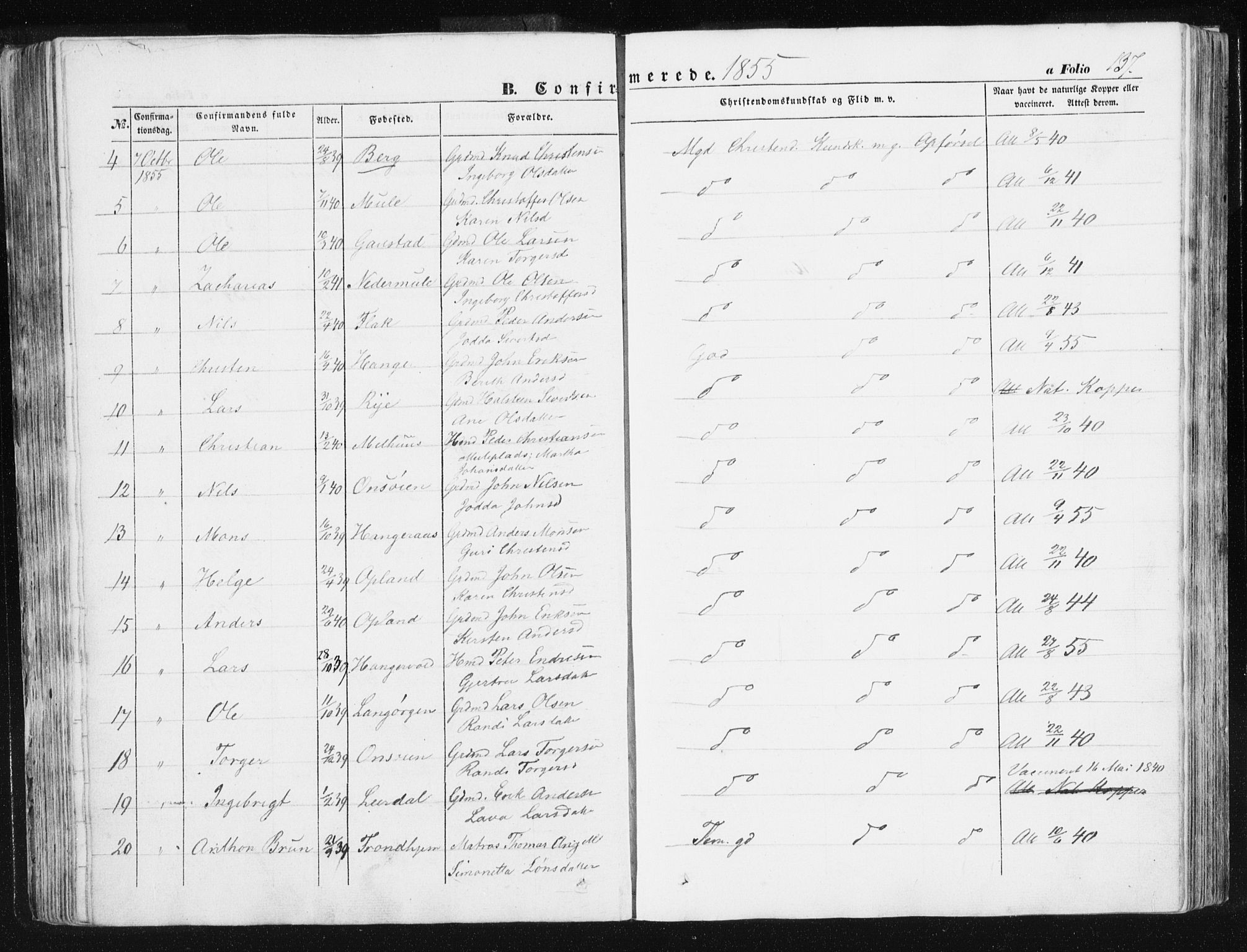 Ministerialprotokoller, klokkerbøker og fødselsregistre - Sør-Trøndelag, AV/SAT-A-1456/612/L0376: Parish register (official) no. 612A08, 1846-1859, p. 137