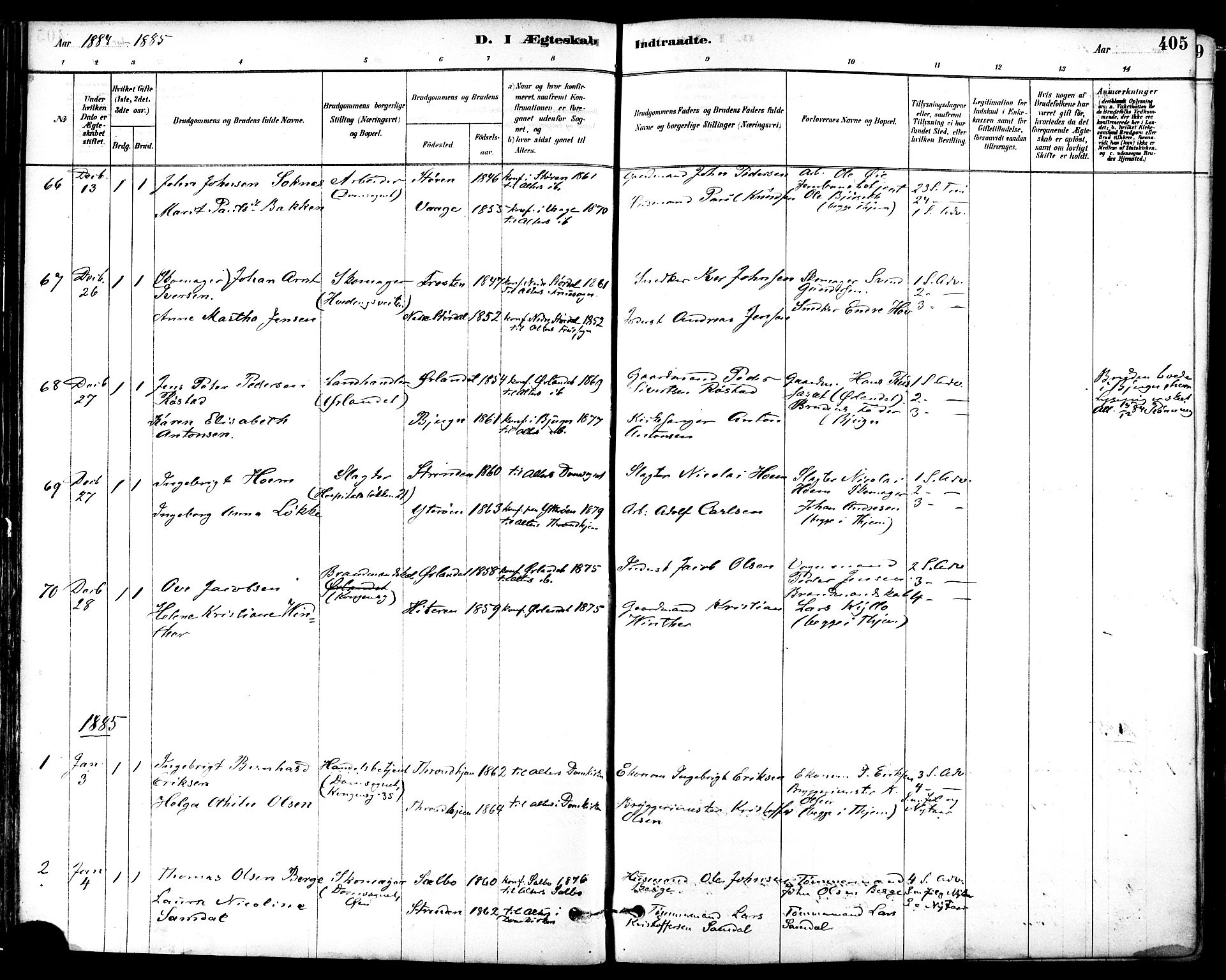 Ministerialprotokoller, klokkerbøker og fødselsregistre - Sør-Trøndelag, SAT/A-1456/601/L0058: Parish register (official) no. 601A26, 1877-1891, p. 405