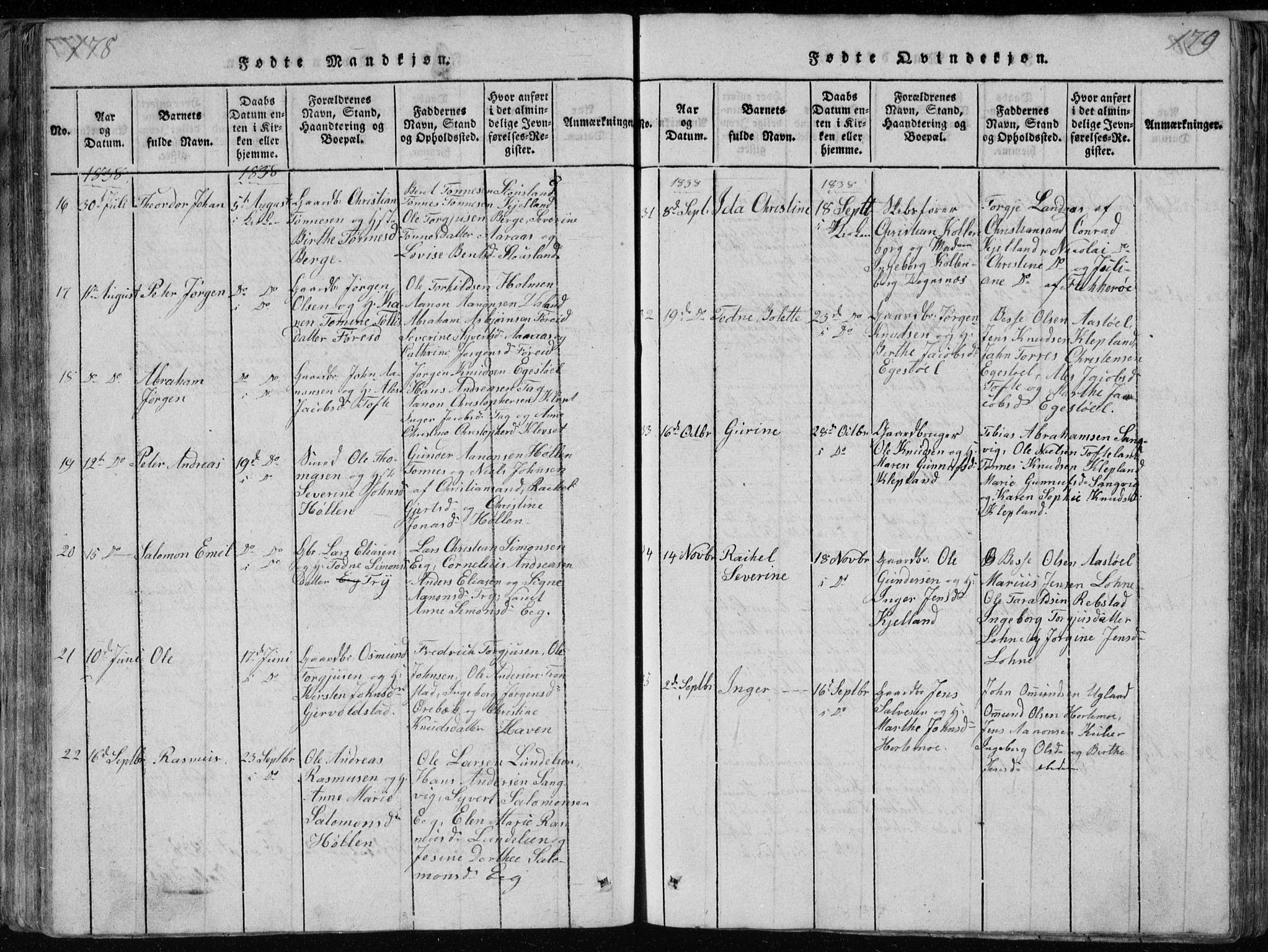 Søgne sokneprestkontor, AV/SAK-1111-0037/F/Fb/Fbb/L0002: Parish register (copy) no. B 2, 1821-1838, p. 178-179