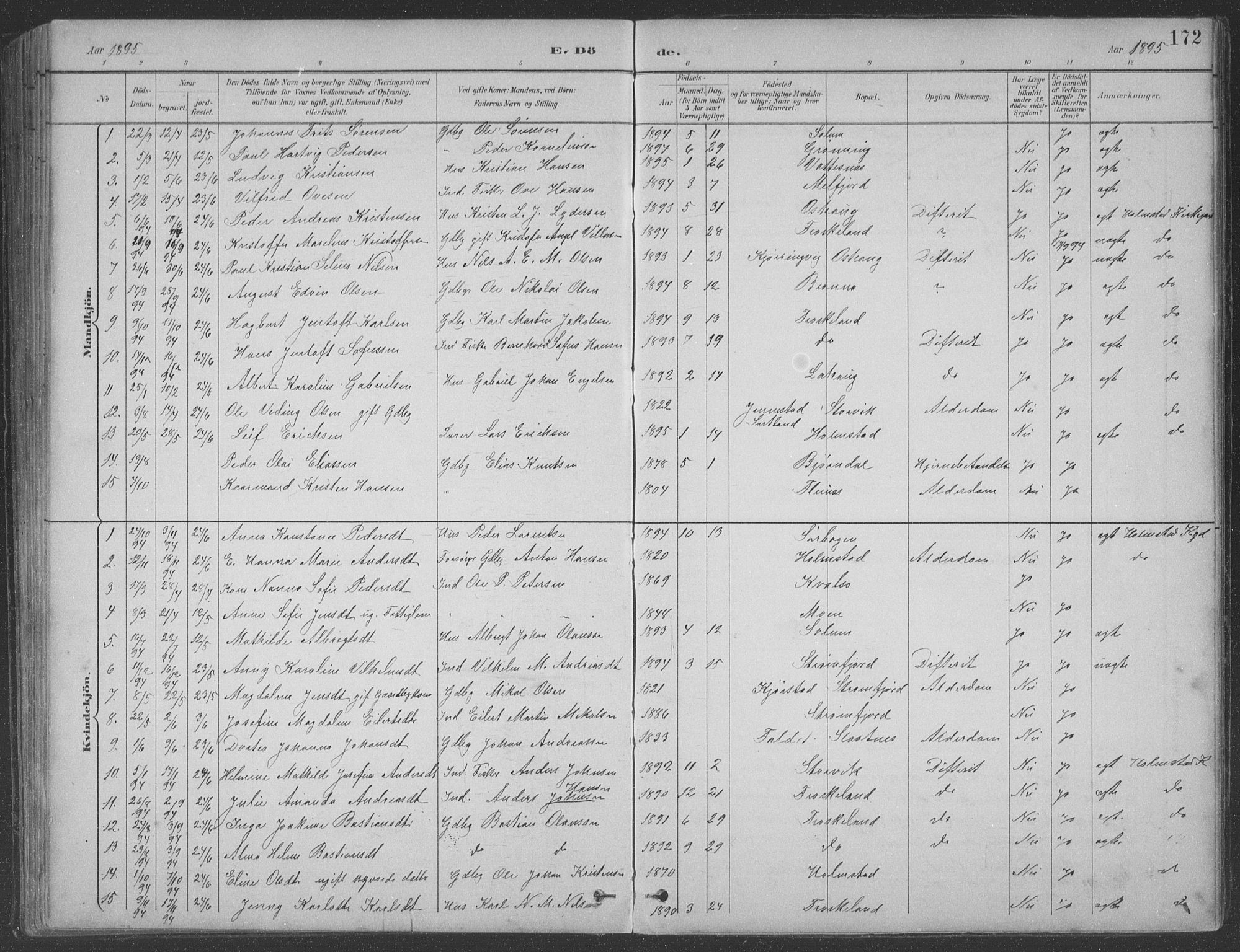 Ministerialprotokoller, klokkerbøker og fødselsregistre - Nordland, AV/SAT-A-1459/890/L1290: Parish register (copy) no. 890C01, 1882-1911, p. 172