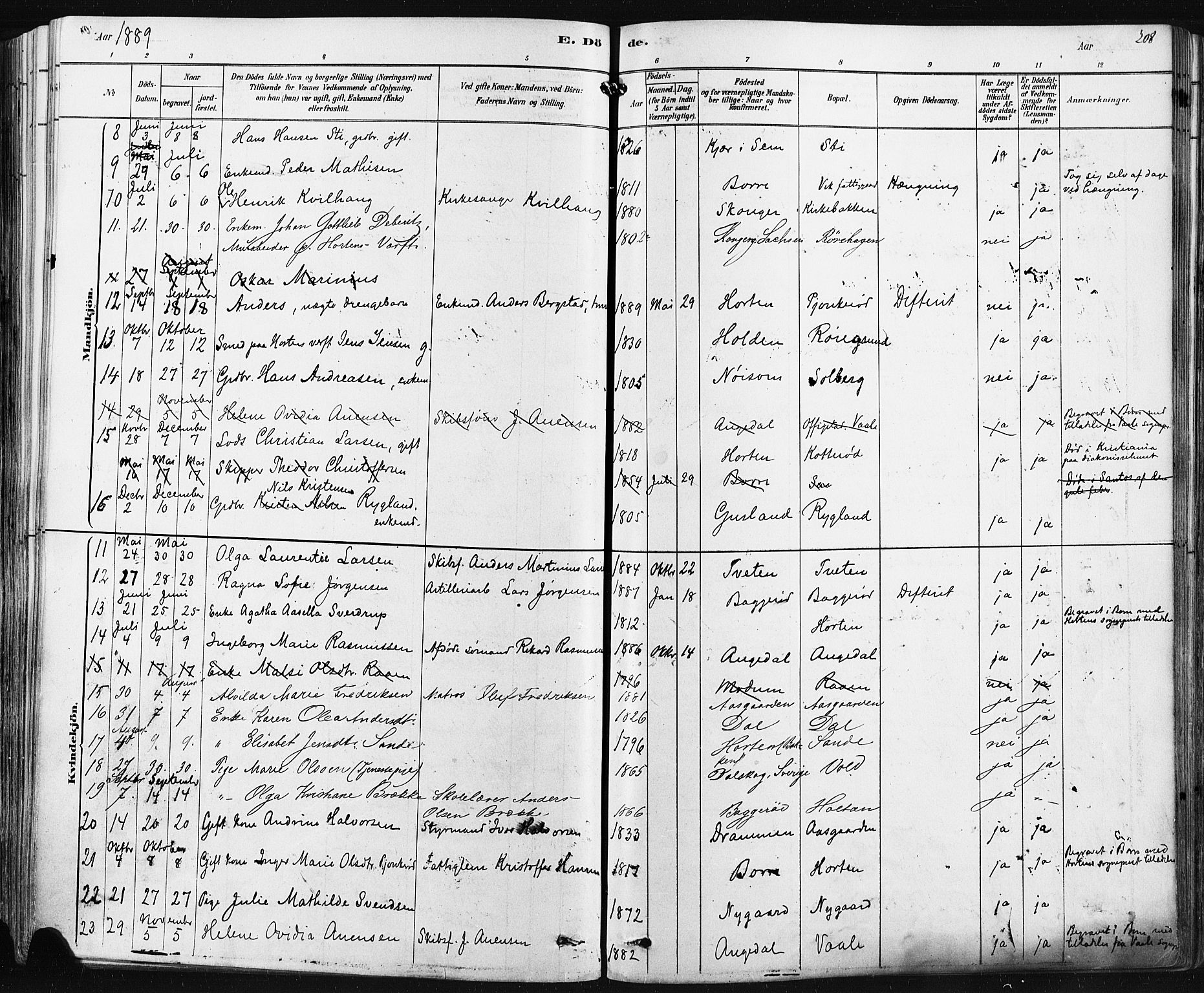 Borre kirkebøker, AV/SAKO-A-338/F/Fa/L0009: Parish register (official) no. I 9, 1878-1896, p. 208