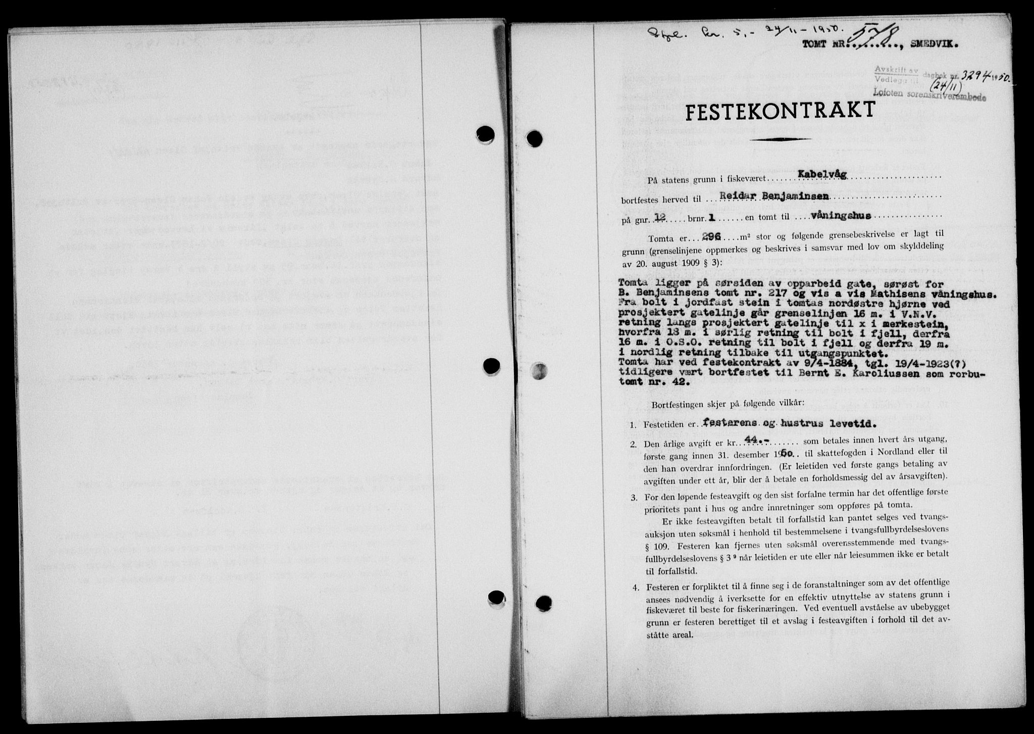 Lofoten sorenskriveri, SAT/A-0017/1/2/2C/L0025a: Mortgage book no. 25a, 1950-1951, Diary no: : 3294/1950