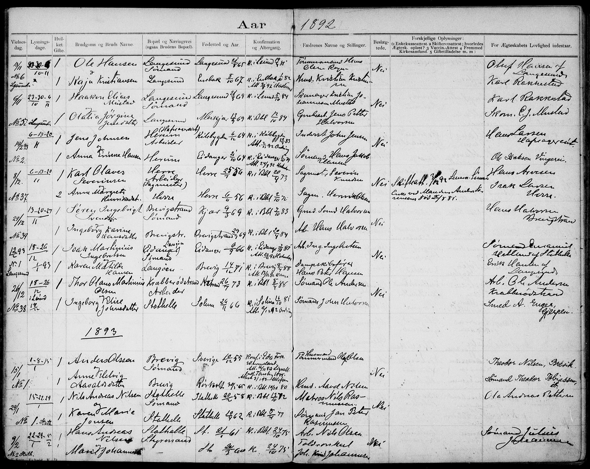 Bamble kirkebøker, AV/SAKO-A-253/H/Ha/L0001: Banns register no. 1, 1892-1920