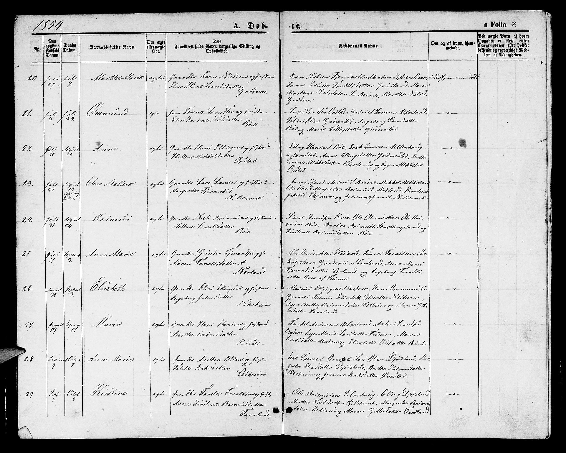 Hå sokneprestkontor, AV/SAST-A-101801/001/30BB/L0001: Parish register (copy) no. B 1, 1854-1883, p. 4