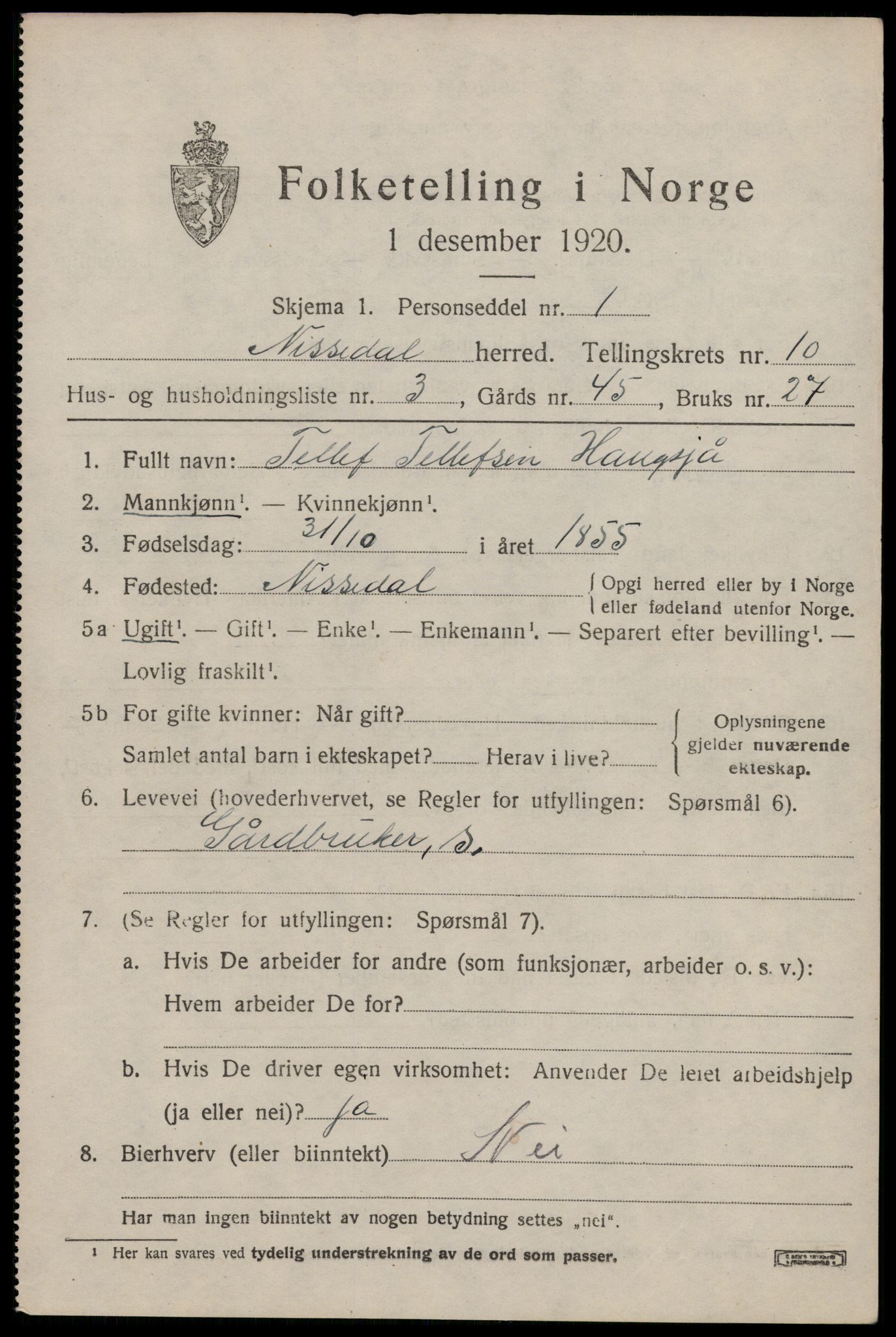 SAKO, 1920 census for Nissedal, 1920, p. 3901