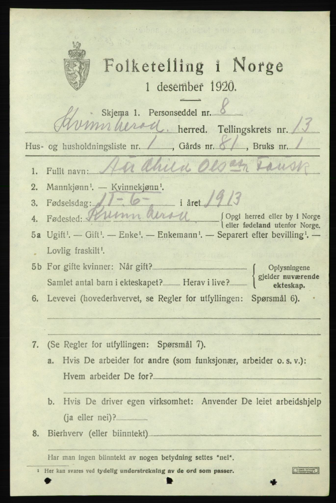 SAB, 1920 census for Kvinnherad, 1920, p. 7638