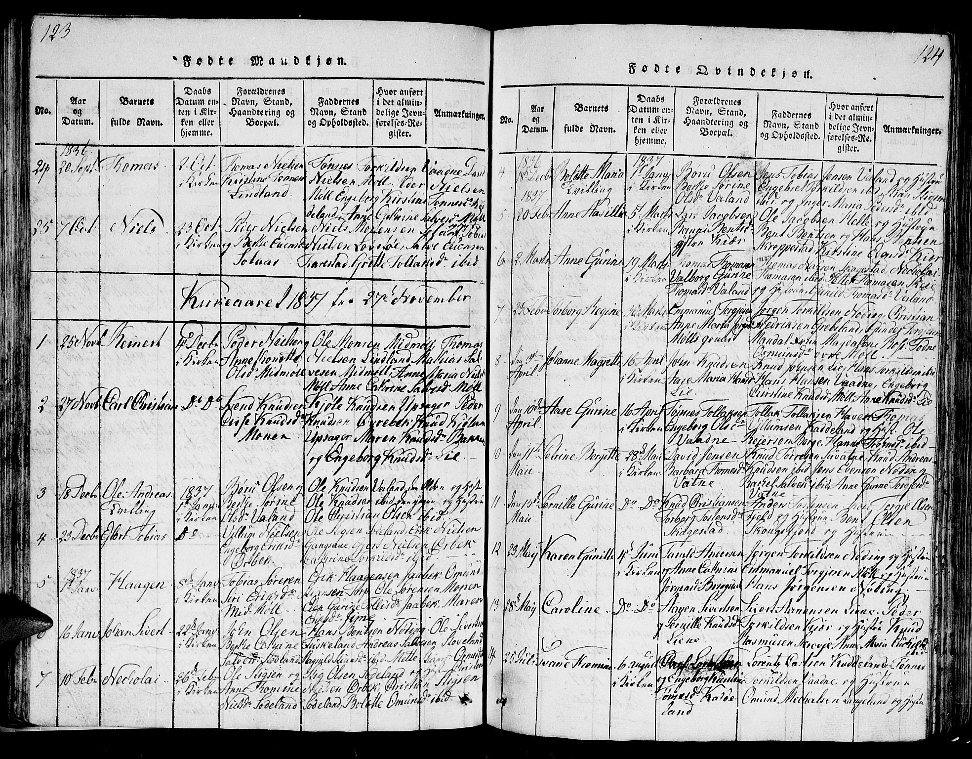 Holum sokneprestkontor, AV/SAK-1111-0022/F/Fb/Fba/L0002: Parish register (copy) no. B 2, 1820-1849, p. 123-124