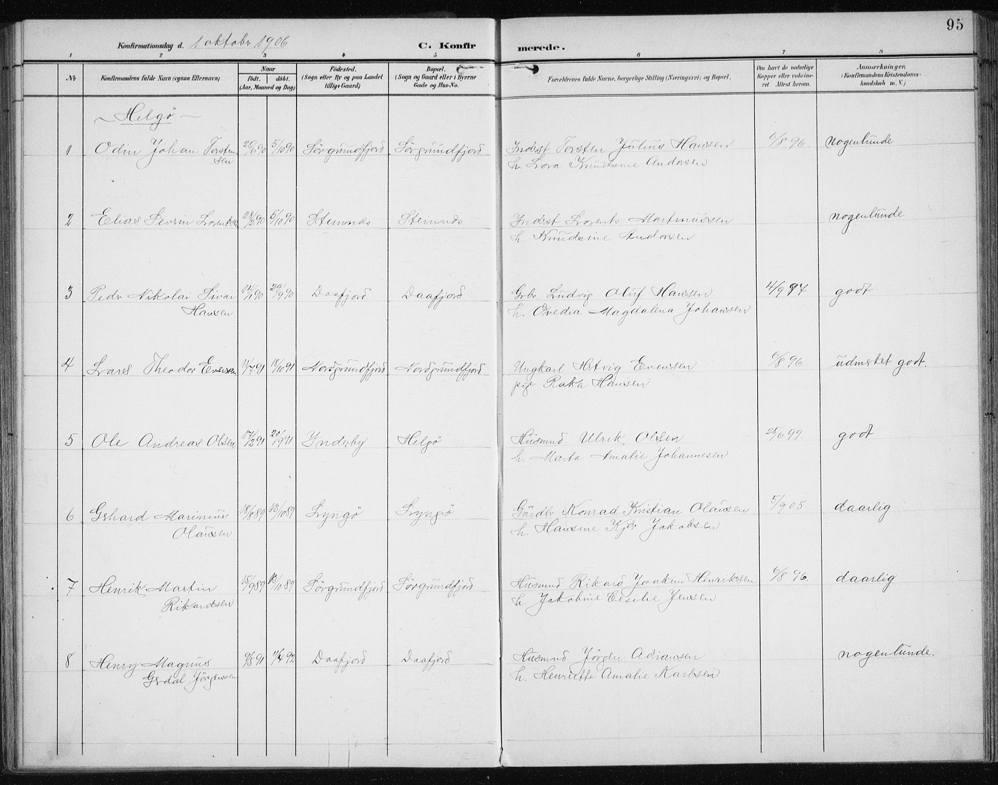 Karlsøy sokneprestembete, AV/SATØ-S-1299/H/Ha/Haa/L0013kirke: Parish register (official) no. 13, 1902-1916, p. 95