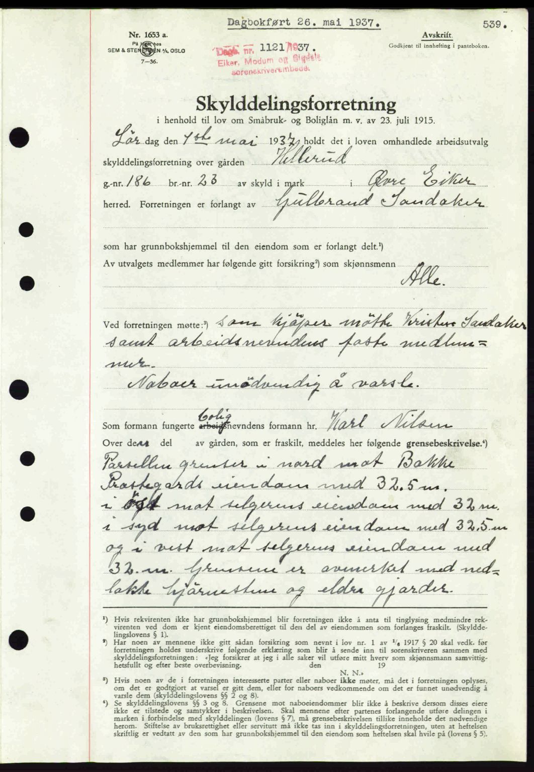 Eiker, Modum og Sigdal sorenskriveri, SAKO/A-123/G/Ga/Gab/L0035: Mortgage book no. A5, 1937-1937, Diary no: : 1121/1937