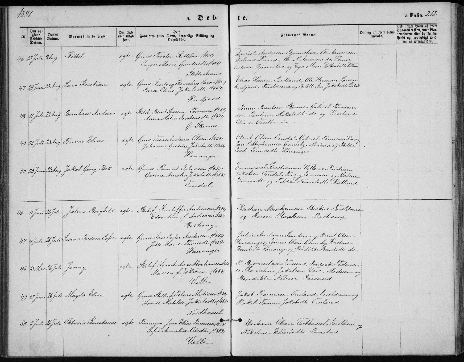 Lista sokneprestkontor, AV/SAK-1111-0027/F/Fb/L0004: Parish register (copy) no. B 4, 1877-1891, p. 218