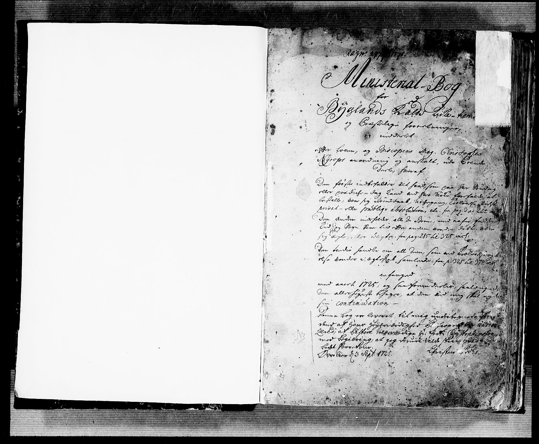 Bygland sokneprestkontor, AV/SAK-1111-0006/F/Fa/Fab/L0001: Parish register (official) no. A 1, 1725-1766, p. 0-1