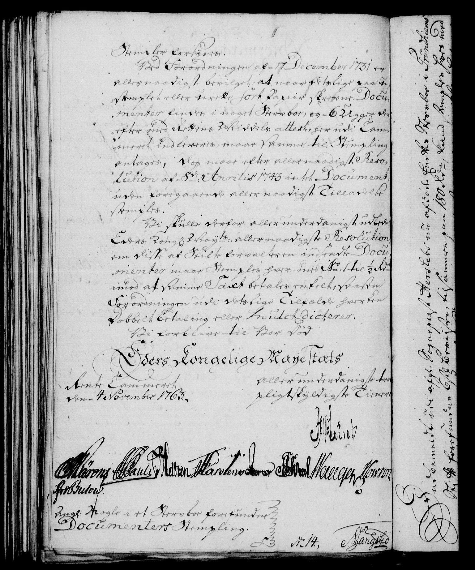 Rentekammeret, Kammerkanselliet, RA/EA-3111/G/Gf/Gfa/L0045: Norsk relasjons- og resolusjonsprotokoll (merket RK 52.45), 1763, p. 486