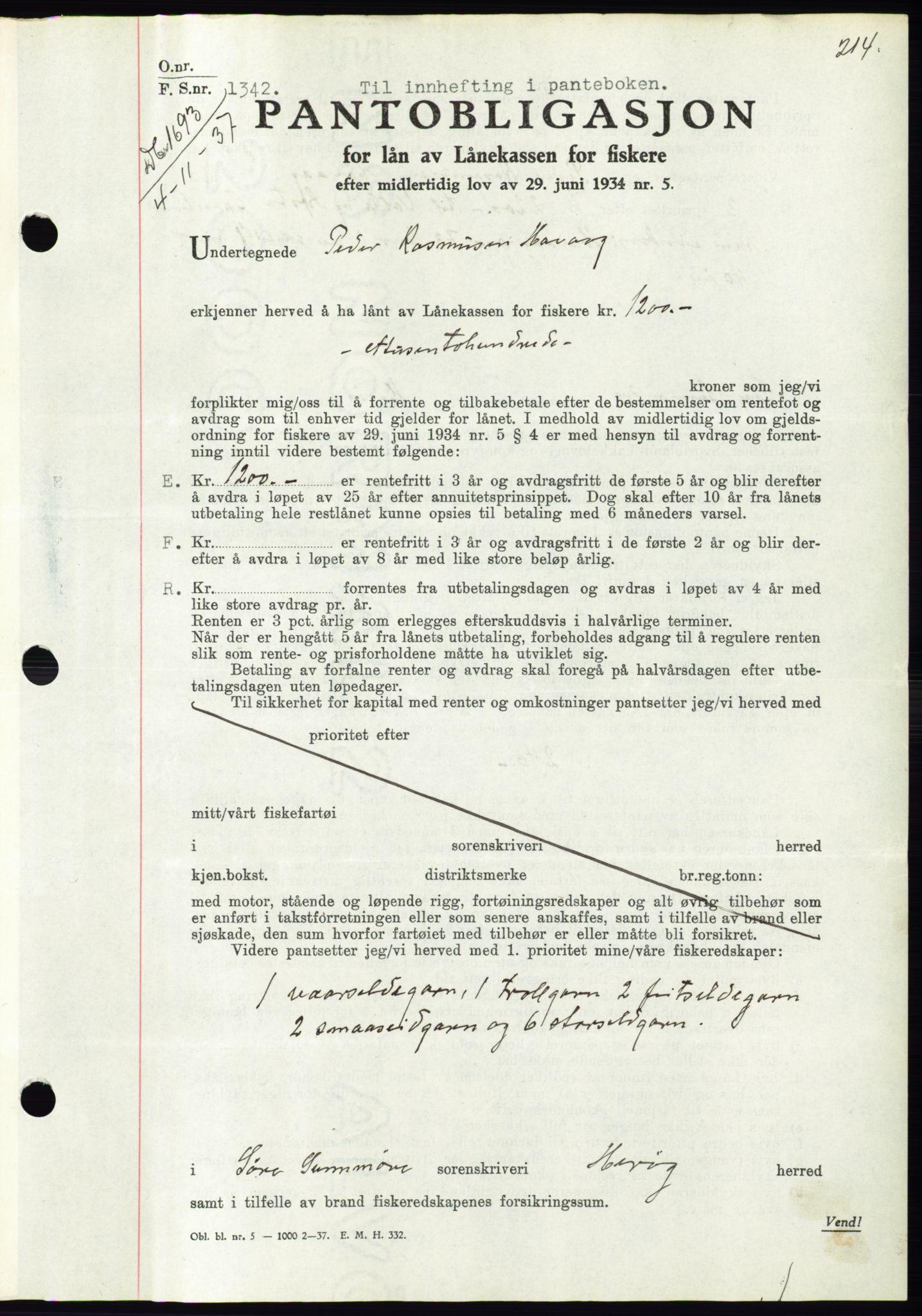 Søre Sunnmøre sorenskriveri, AV/SAT-A-4122/1/2/2C/L0064: Mortgage book no. 58, 1937-1938, Diary no: : 1693/1937