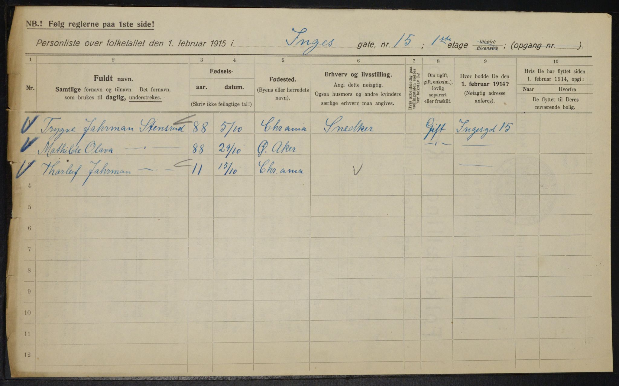 OBA, Municipal Census 1915 for Kristiania, 1915, p. 43458