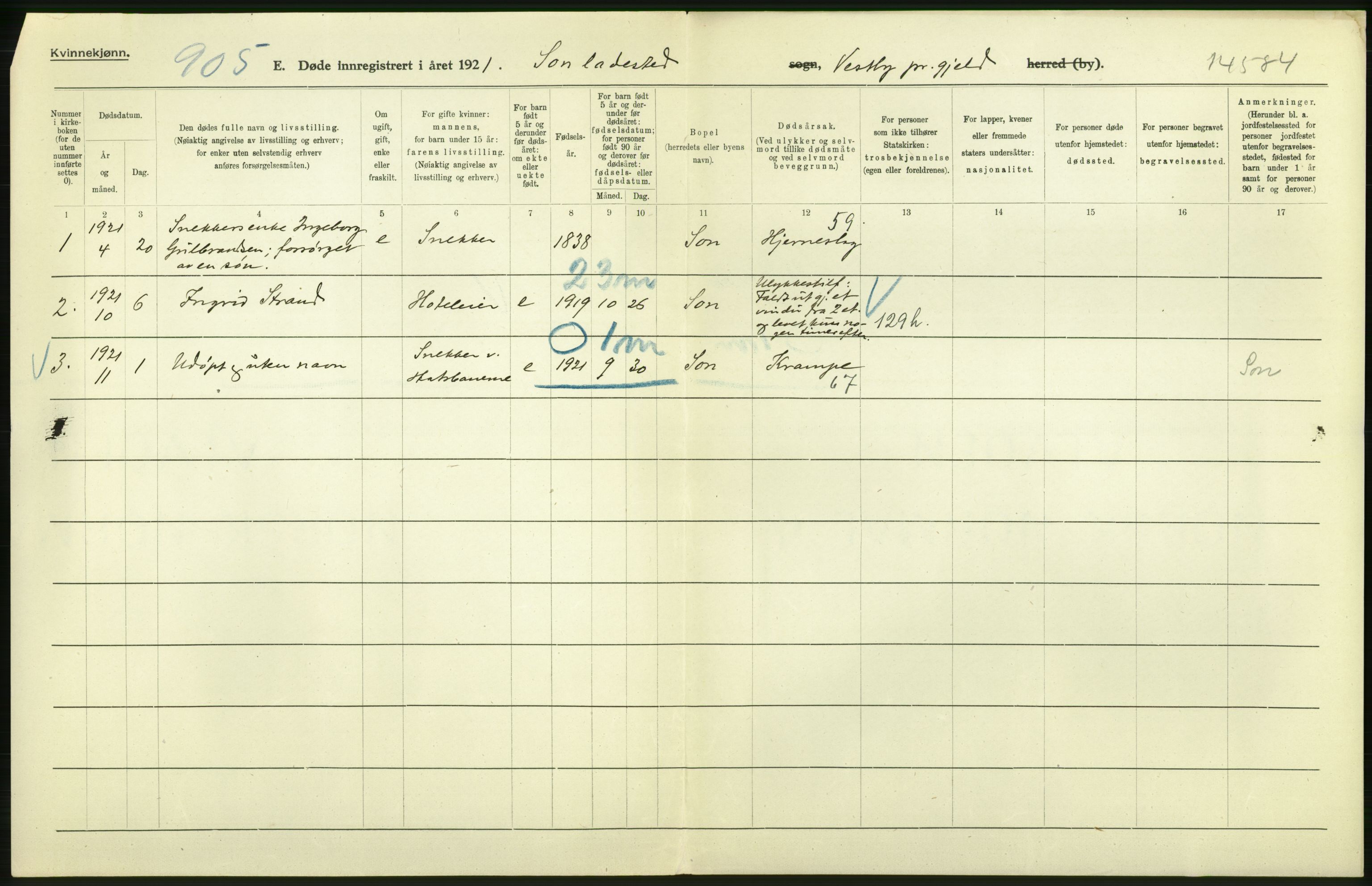 Statistisk sentralbyrå, Sosiodemografiske emner, Befolkning, AV/RA-S-2228/D/Df/Dfc/Dfca/L0007: Akershus fylke: Døde. Bygder og byer., 1921, p. 504