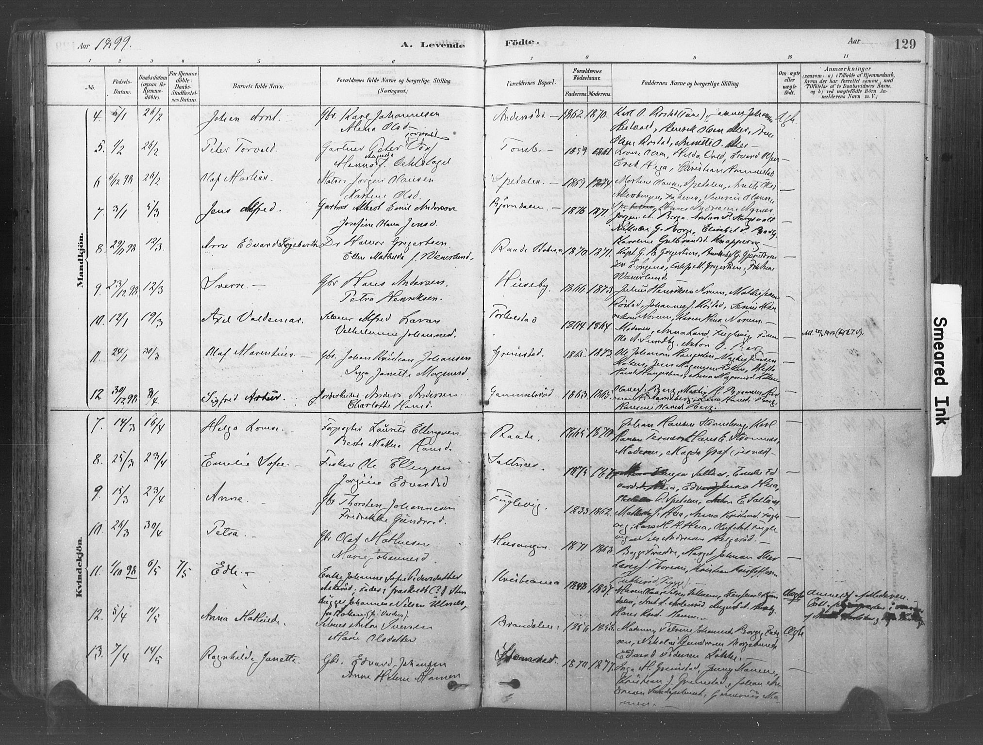 Råde prestekontor kirkebøker, AV/SAO-A-2009/F/Fa/L0007: Parish register (official) no. 7, 1878-1902, p. 129